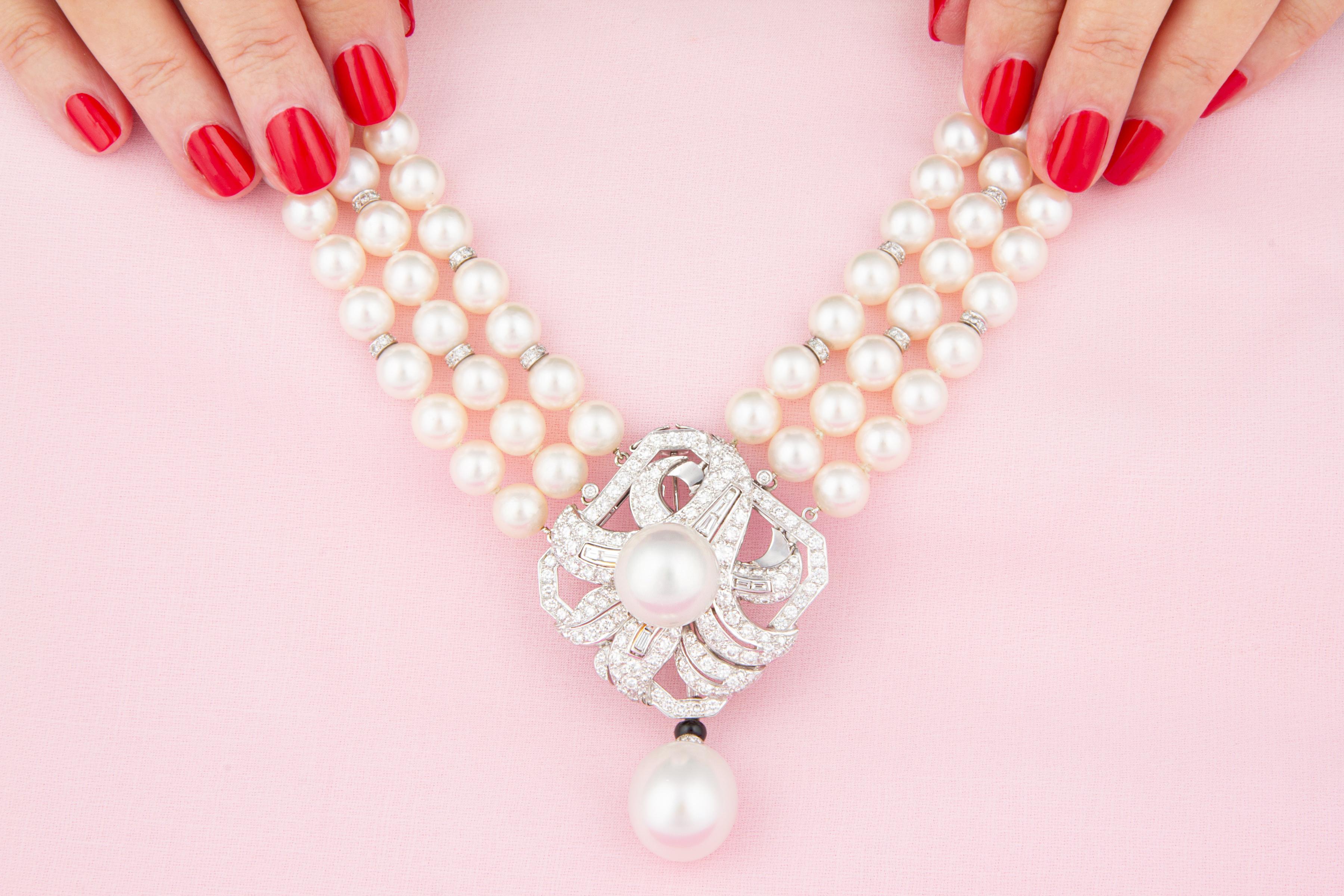 Taglio brillante Collana di perle e diamanti in stile Art Déco di Ella Gafter in vendita