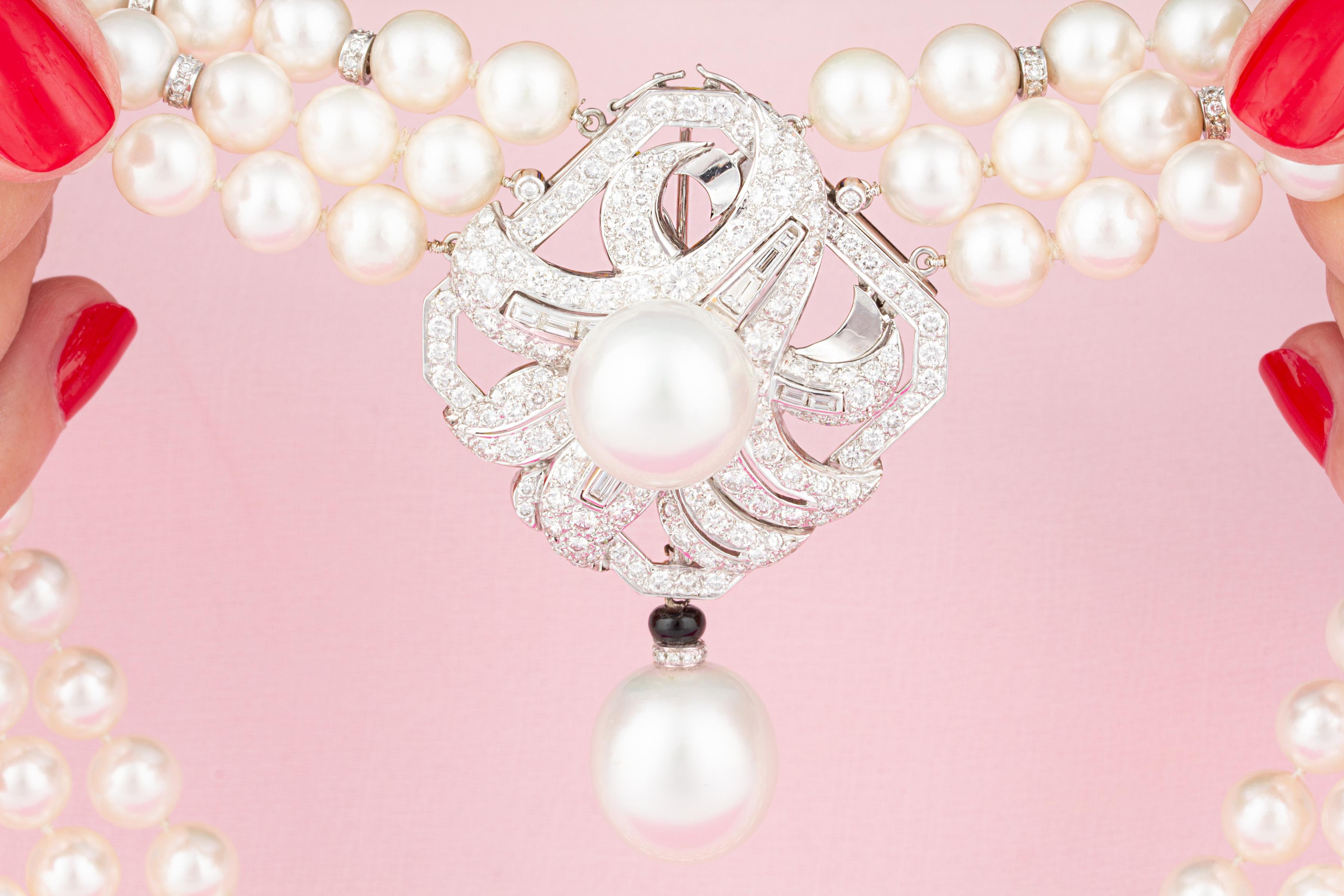 Collana di perle e diamanti in stile Art Déco di Ella Gafter In condizioni Nuovo in vendita a New York, NY