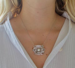 Pearl and Diamond Necklace, Brooch circa 1950's in White Gold 5.35 Carats