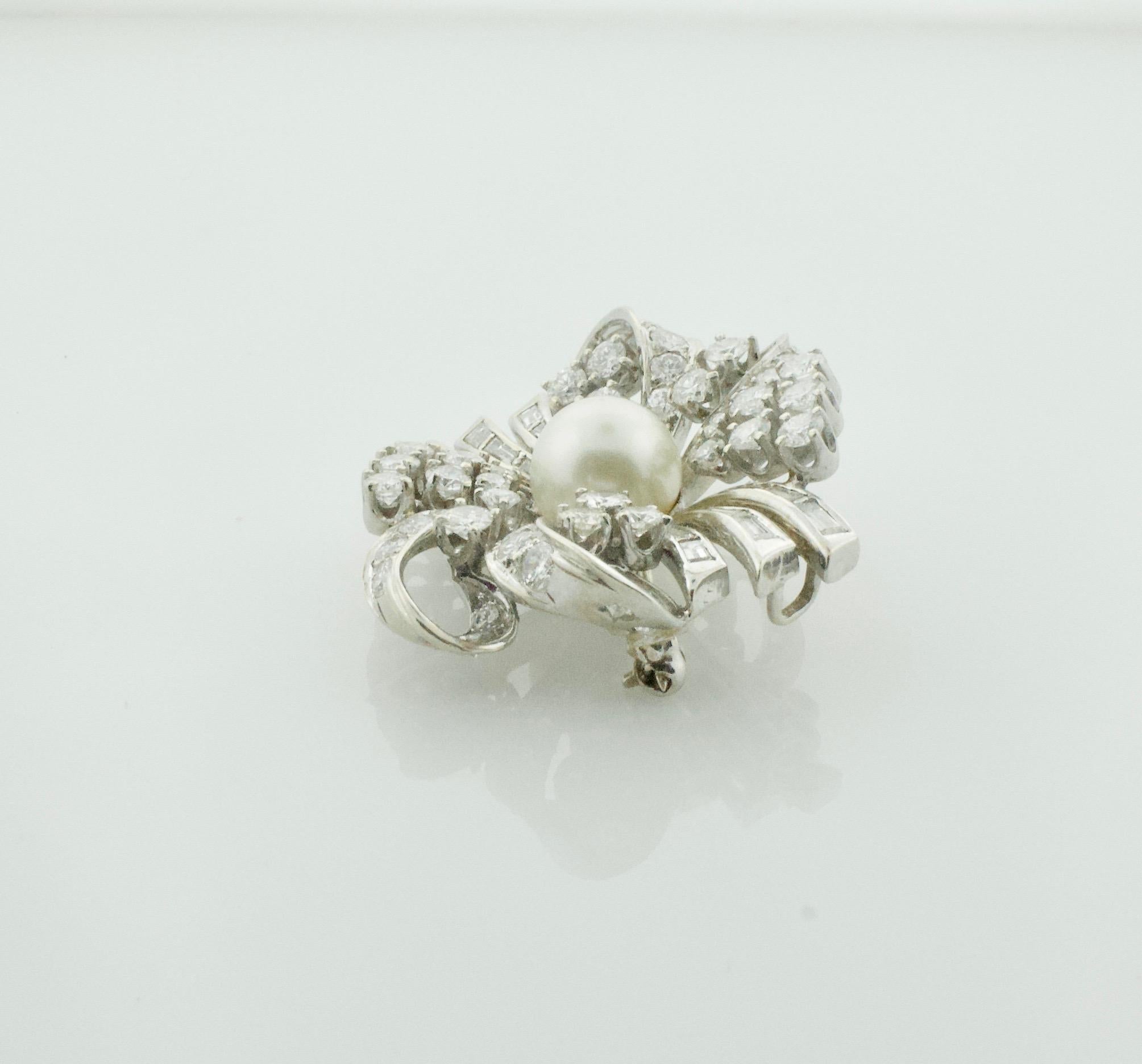 Pearl and Diamond Necklace, Brooch circa 1950's in White Gold 5.35 Carats For Sale 2