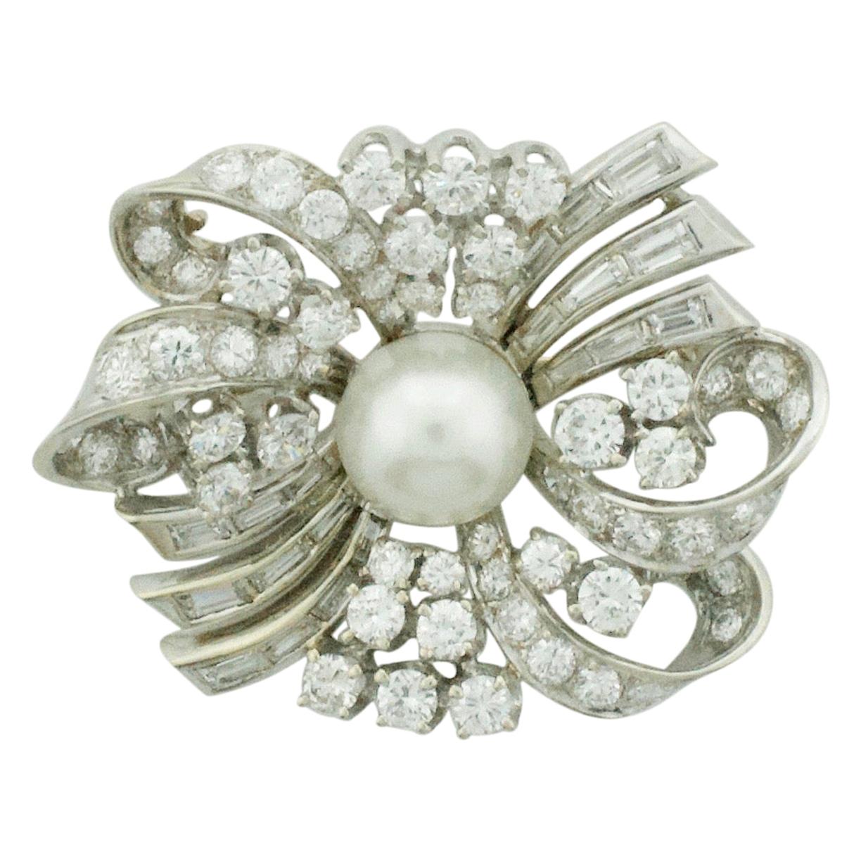 Pearl and Diamond Necklace, Brooch circa 1950's in White Gold 5.35 Carats For Sale