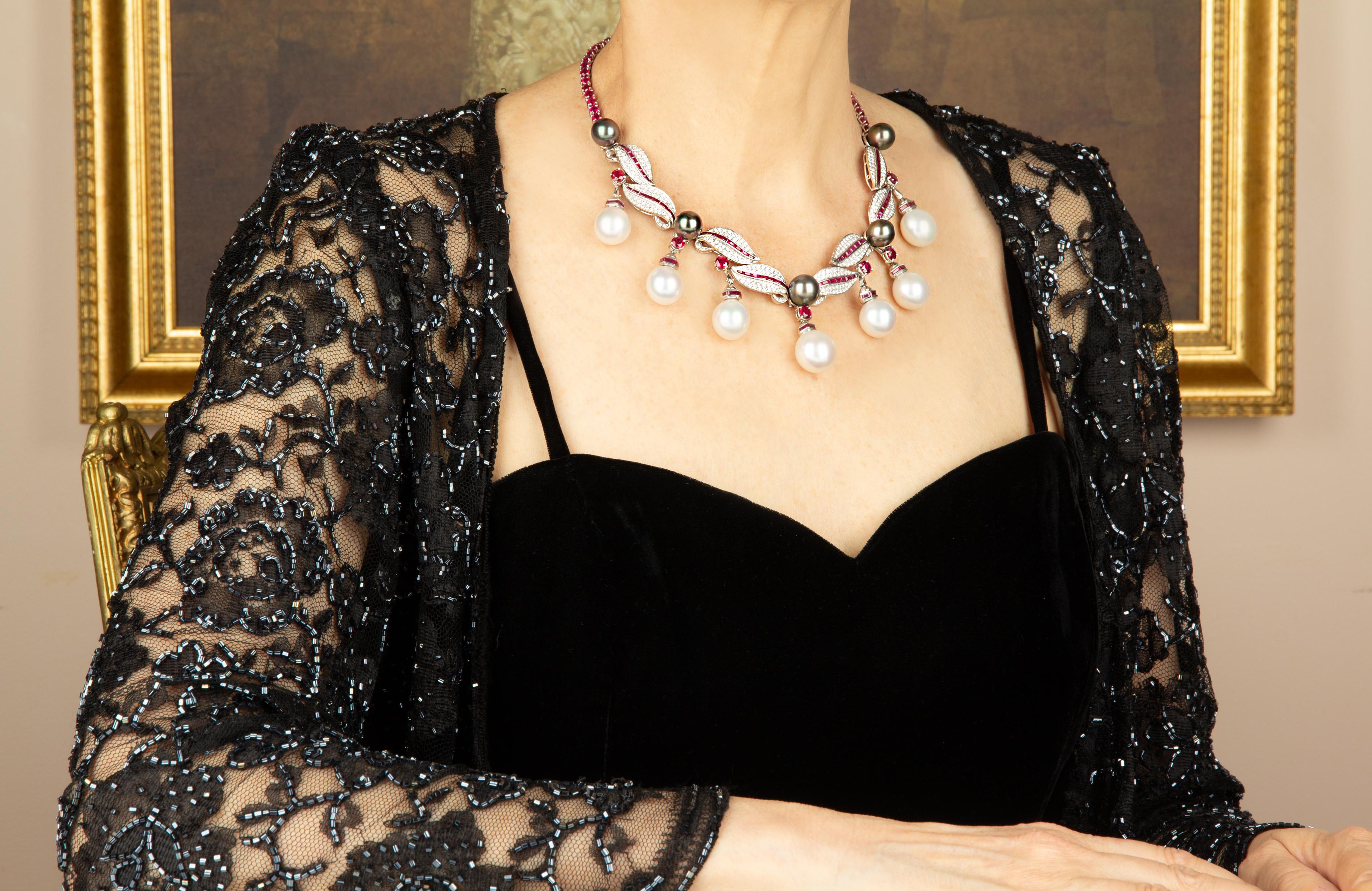 Collar de perlas y diamantes Pendientes Hoja de rubí Diseño de Ella Gafter en venta 12
