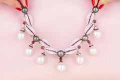 Pearl and Diamond Necklace Earrings Ruby Leaf Design by Ella Gafter