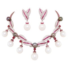 Pearl and Diamond Necklace Earrings Ruby Leaf Design by Ella Gafter