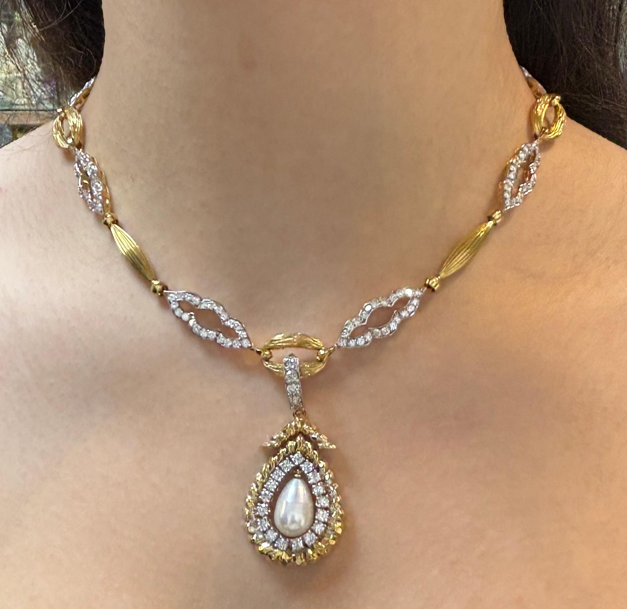 Pearl and Diamond Necklace 

A necklace set with round-cut diamonds on a link chain and a pendant with a pear-shaped pearl drop.

Approximate Diamond Weight: 10.47 carats

Approximate Pearl measurement: 13.5 x 9.25
Approximate Chain Length: 18