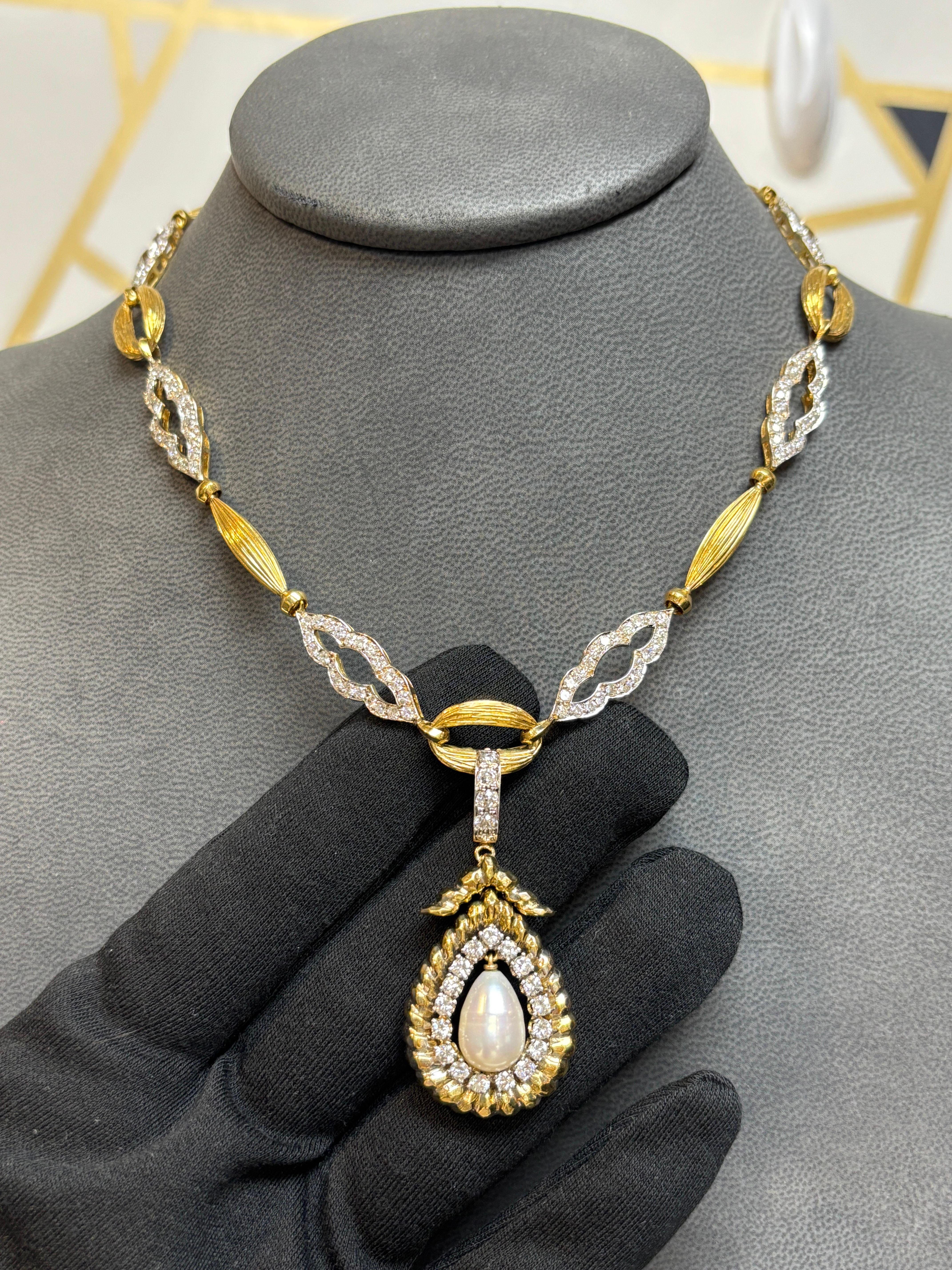 Mixed Cut Pearl and Diamond Necklace For Sale