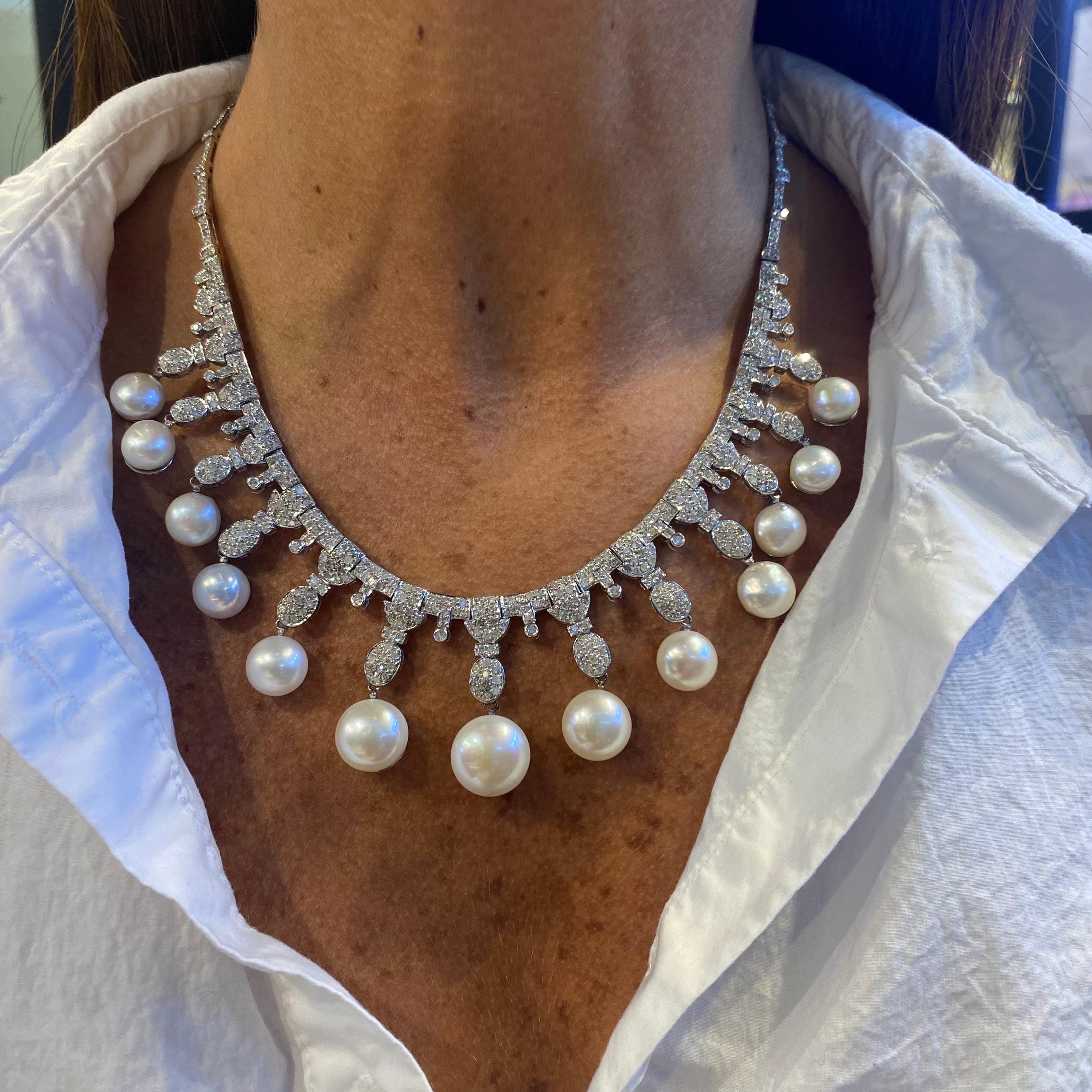 Round Cut Pearl and Diamond Necklace For Sale