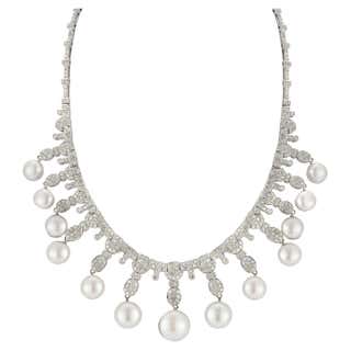 GIA Certified Three-Strand Pearl and Diamond Necklace For Sale at ...