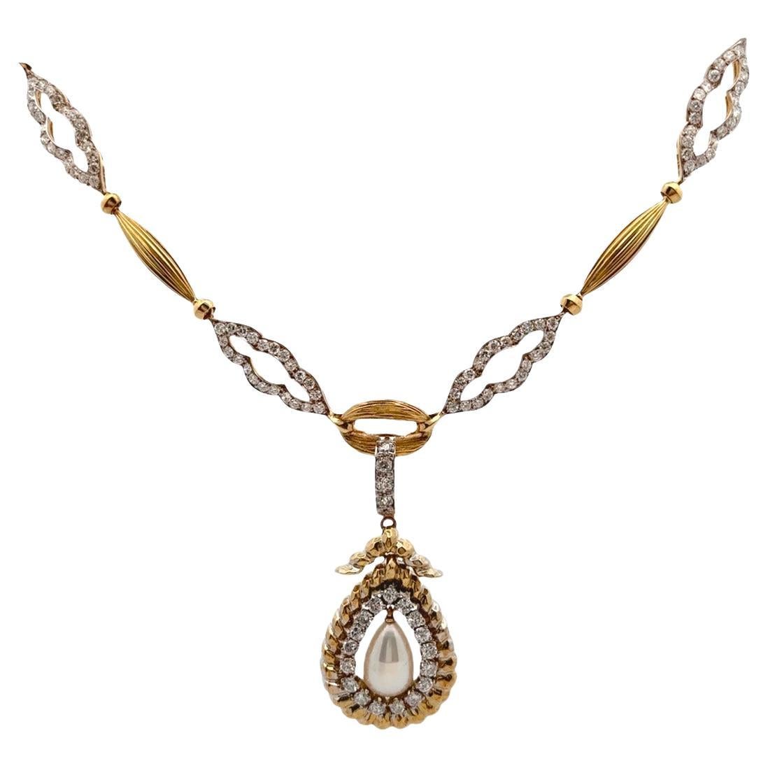Pearl and Diamond Necklace For Sale