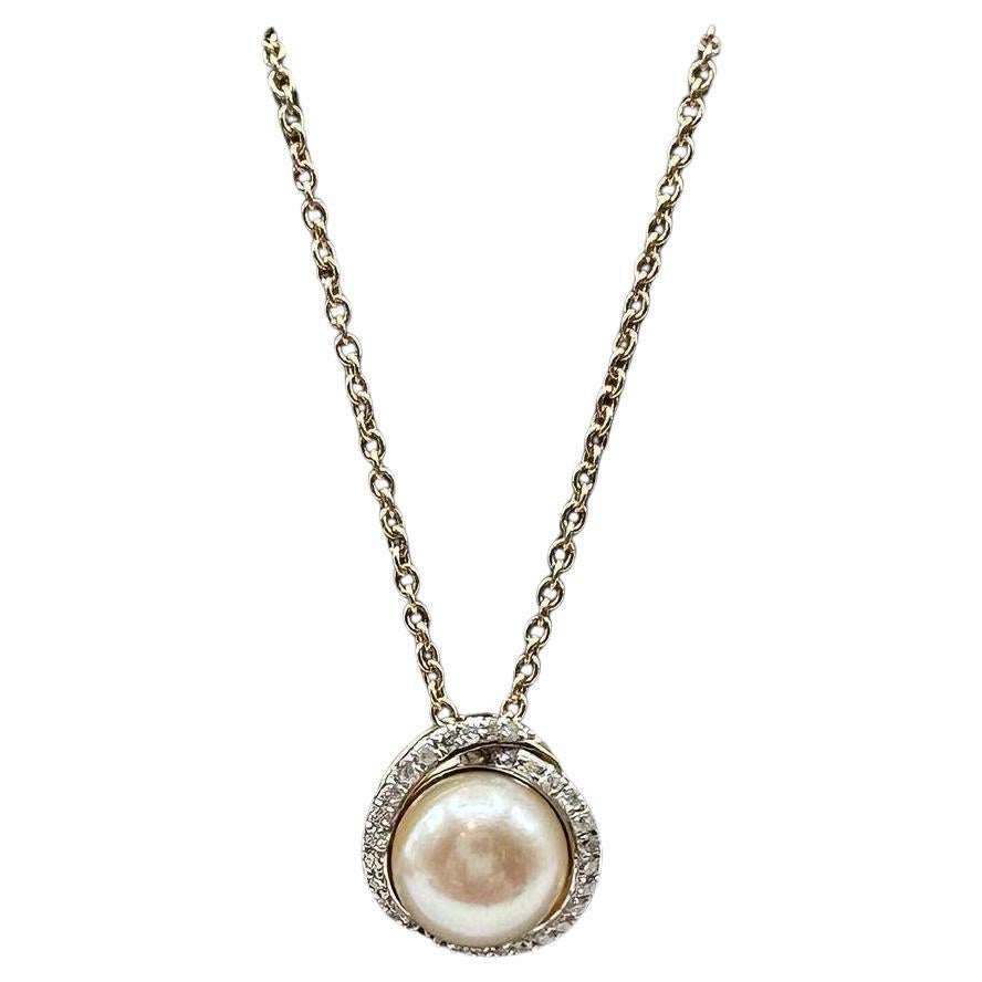Pearl and Diamond Necklace in 10kt Yellow Gold - 0.15ctw Diamonds, 8mm Pearl