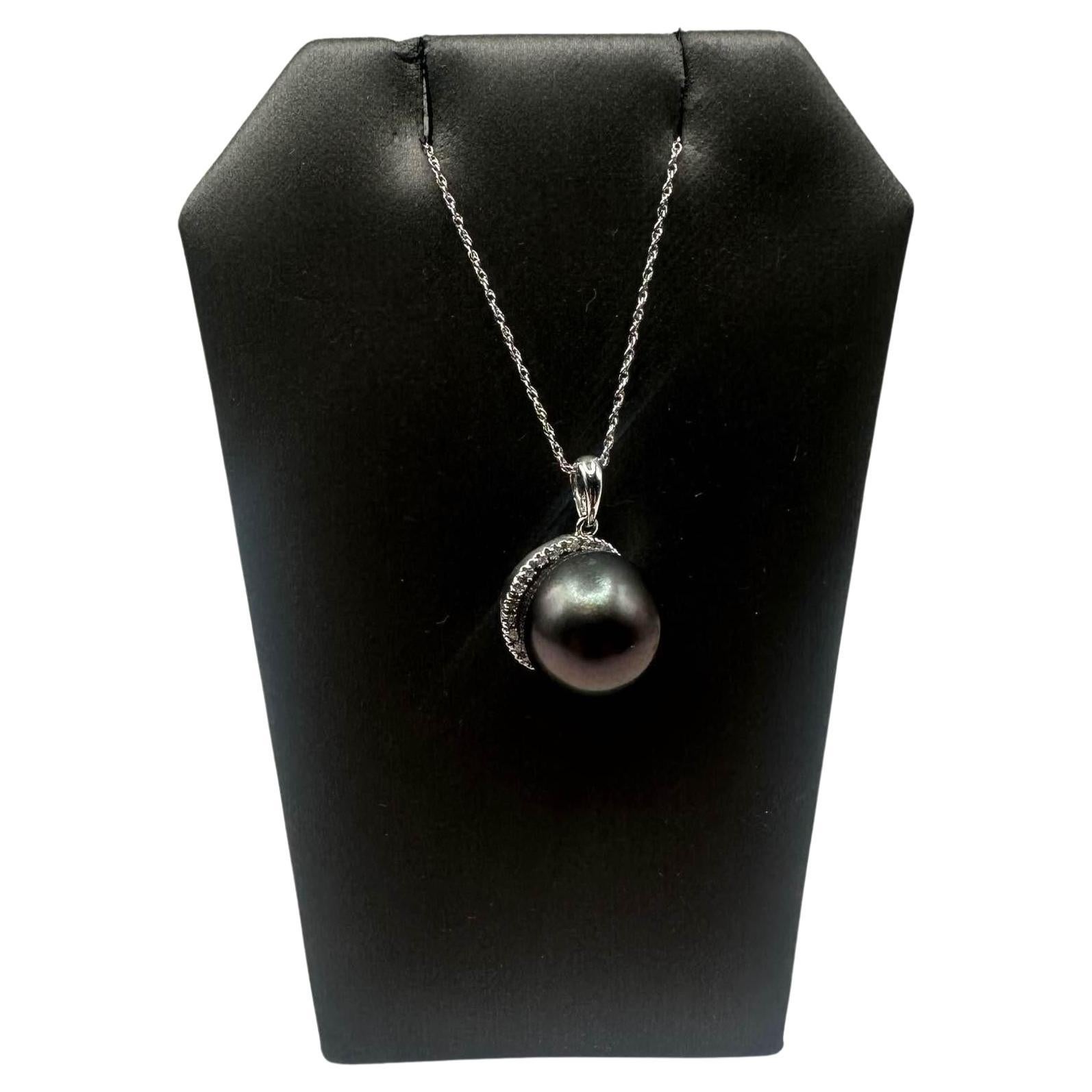 Pearl and Diamond Necklace in 14kt White Gold -12mm Pearl, 0.10ctw Diamonds, 18"