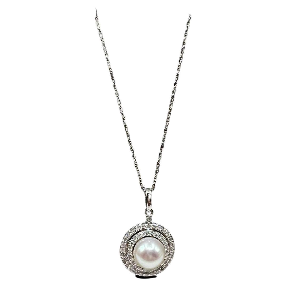 Collana di perle e diamanti in oro bianco 14kt - Perla rotonda da 7,3 mm, diametro 0,25 ct.