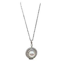 Collana di perle e diamanti in oro bianco 14kt - Perla rotonda da 7,3 mm, diametro 0,25 ct.