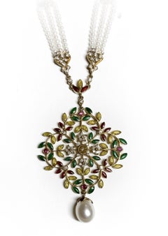 Pearl and Diamond Necklace with Red, Yellow, and Green Enamel in 18 Karat Gold
