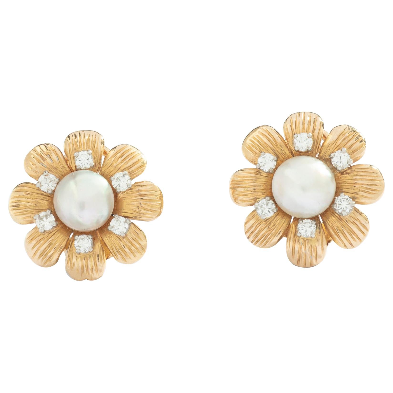 Pearl and Diamond on Gold Flower Ear Clips