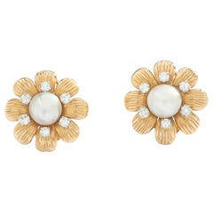 Pearl and Diamond on Gold Flower Ear Clips