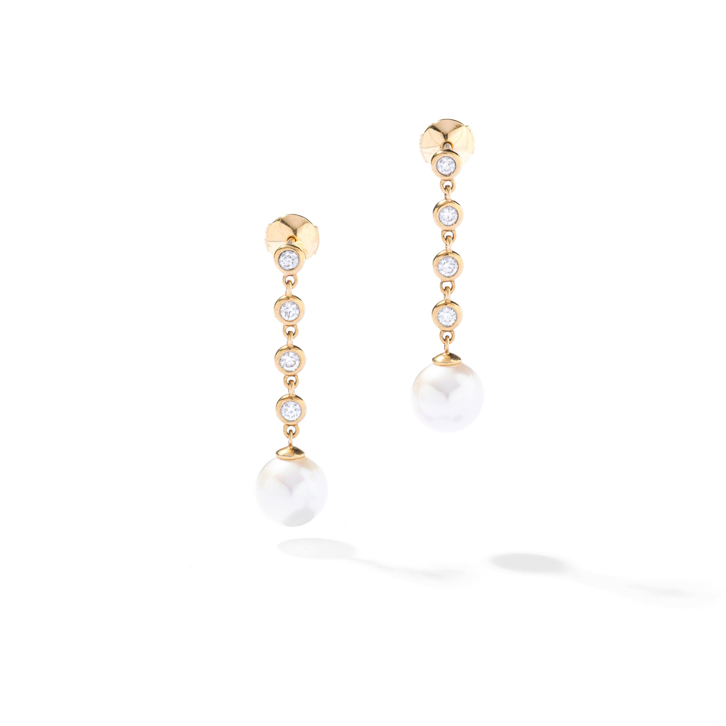 Perlen-Diamant-Ohrringe aus Gelbgold Ohr-Anhänger (Rundschliff) im Angebot