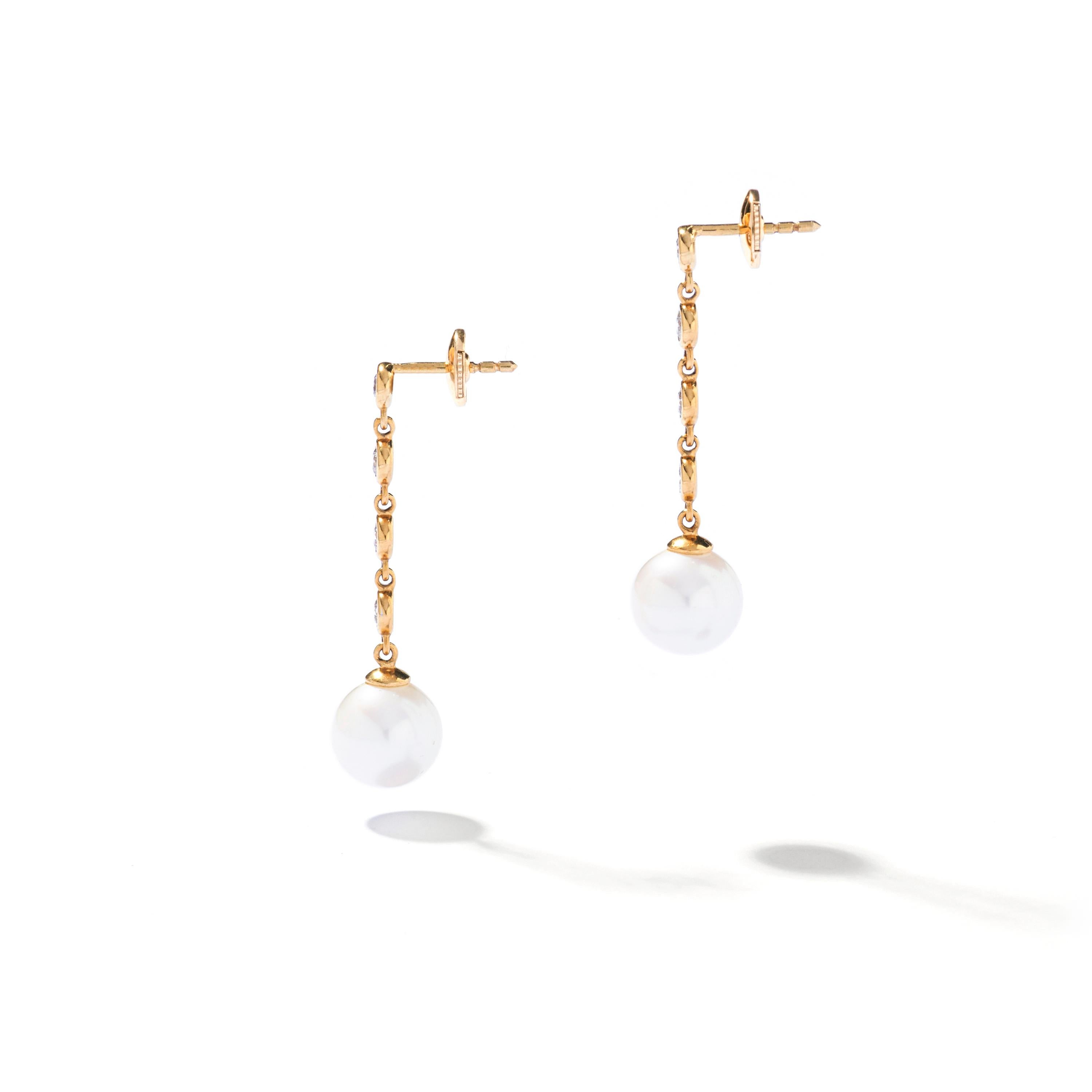 Perlen-Diamant-Ohrringe aus Gelbgold Ohr-Anhänger im Zustand „Hervorragend“ im Angebot in Geneva, CH