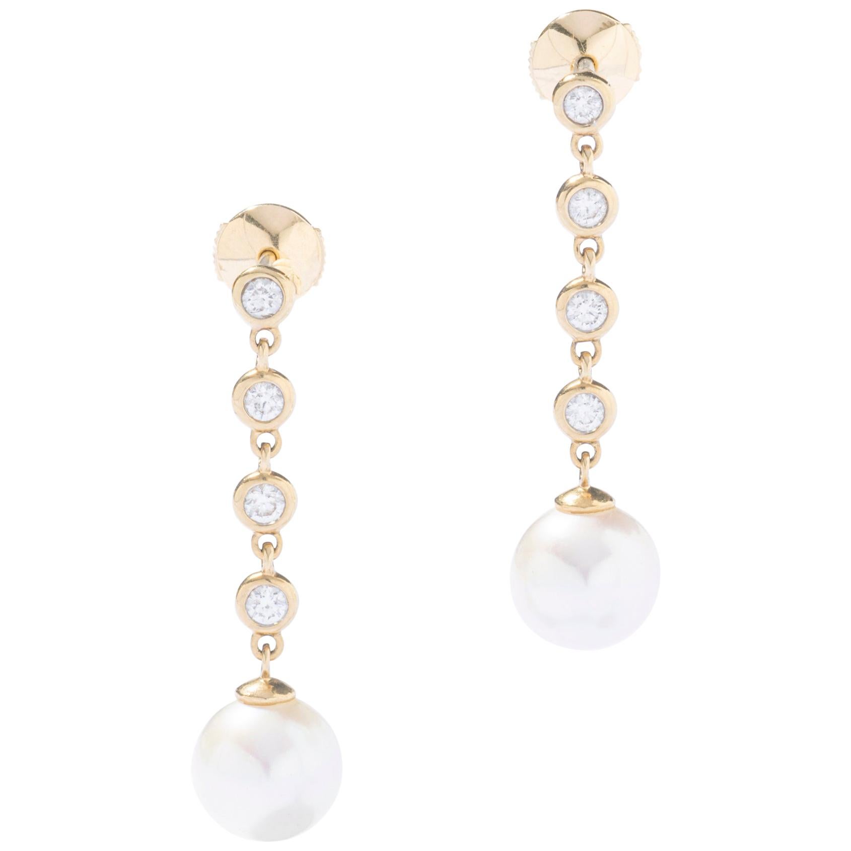 Perlen-Diamant-Ohrringe aus Gelbgold Ohr-Anhänger im Angebot