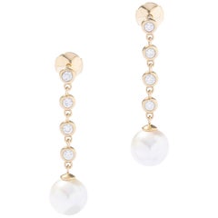 Pearl Diamond Yellow Gold Earrings Ear Pendants