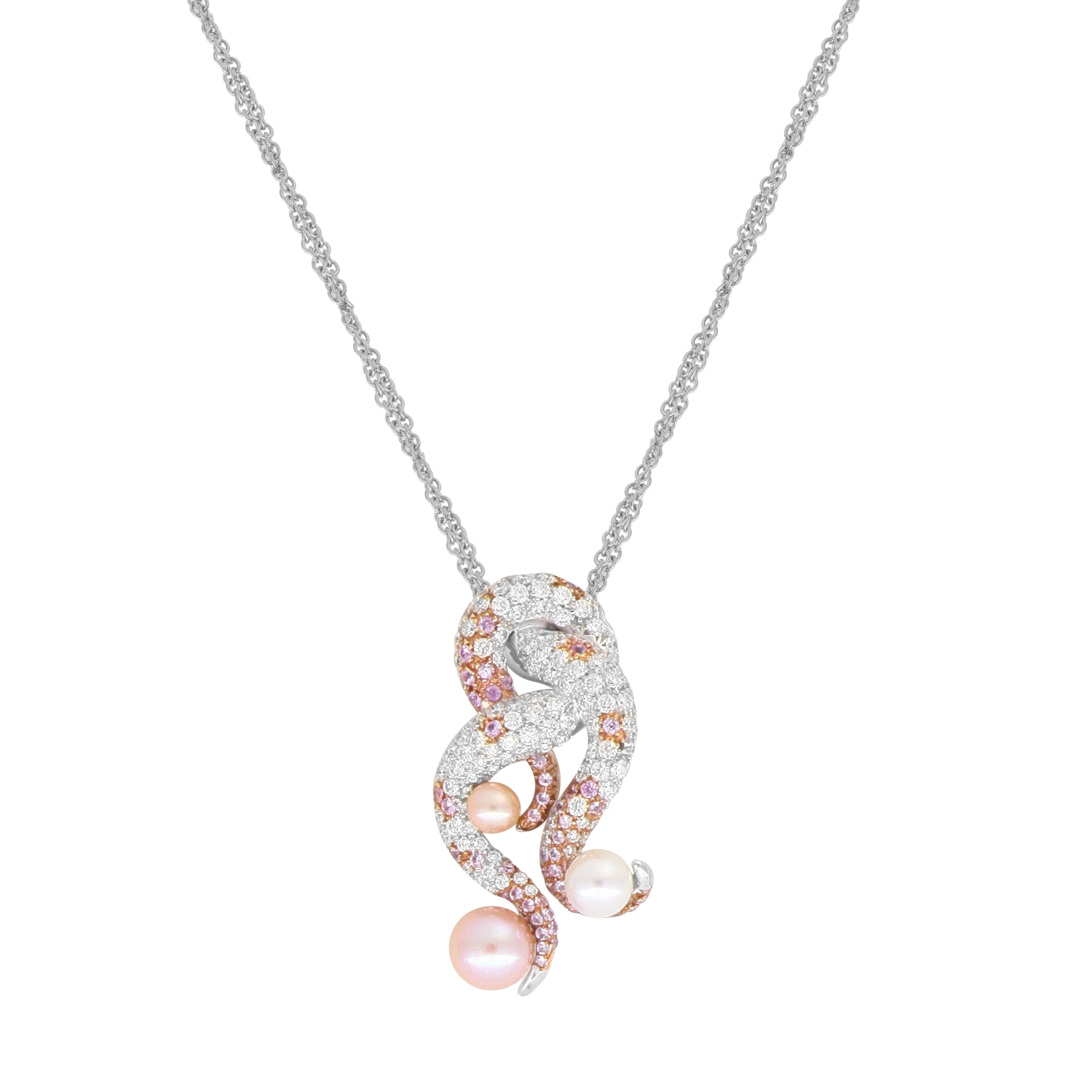 Round Cut Pearl and Diamond-Pavé Tentacle FashionNecklace in 18k white gold For Sale