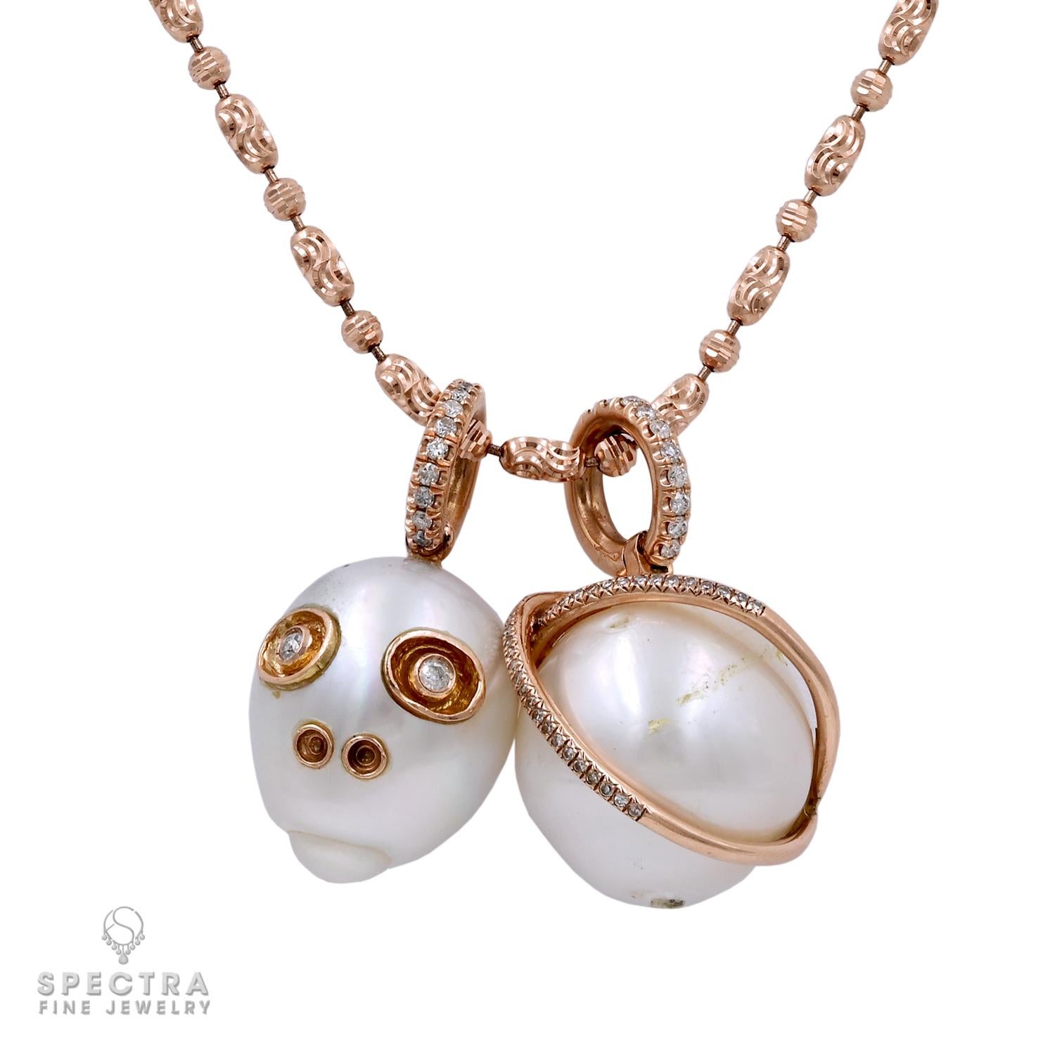 Taglio rotondo Collana con ciondolo di perle e diamanti in oro rosa 14k in vendita