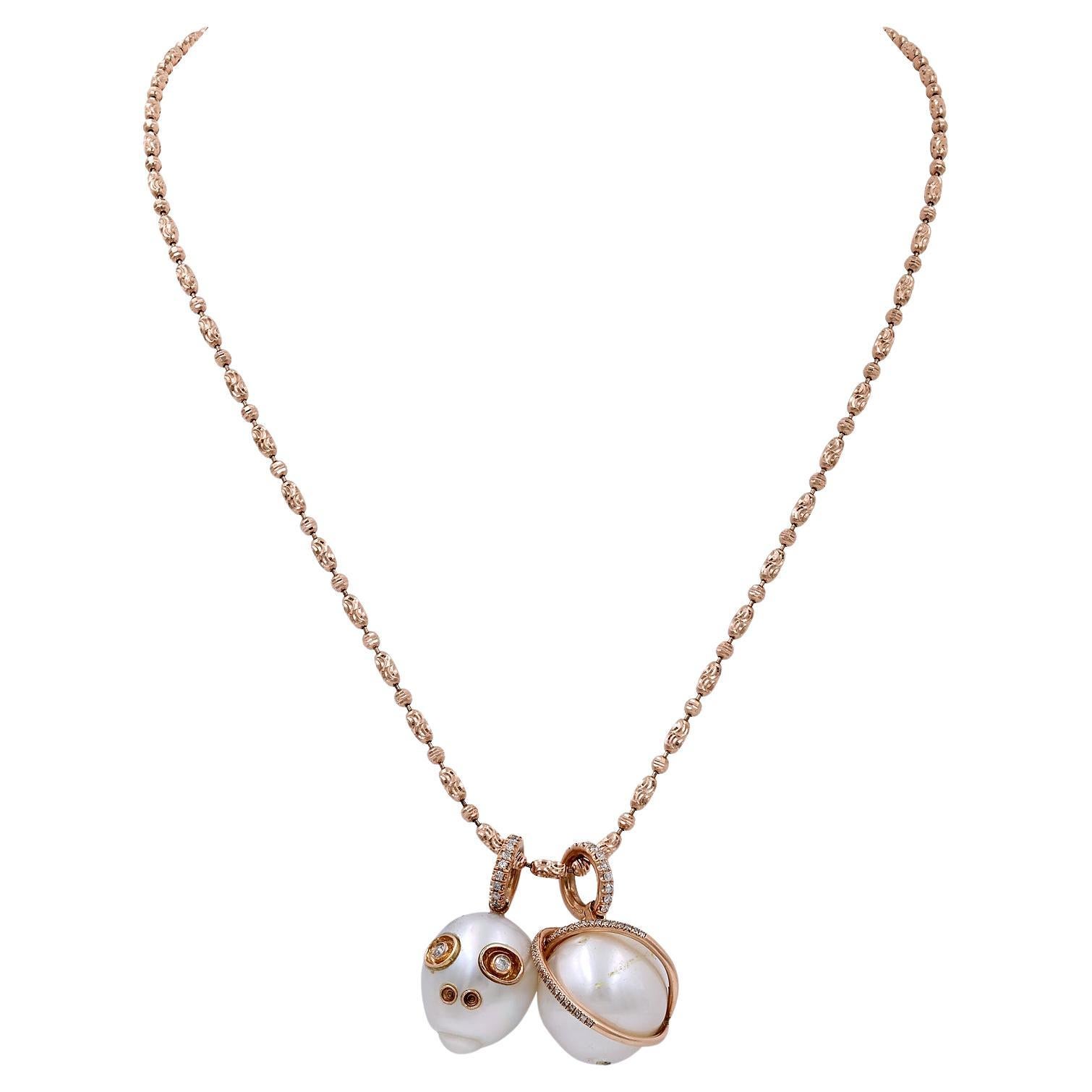 Collana con ciondolo di perle e diamanti in oro rosa 14k