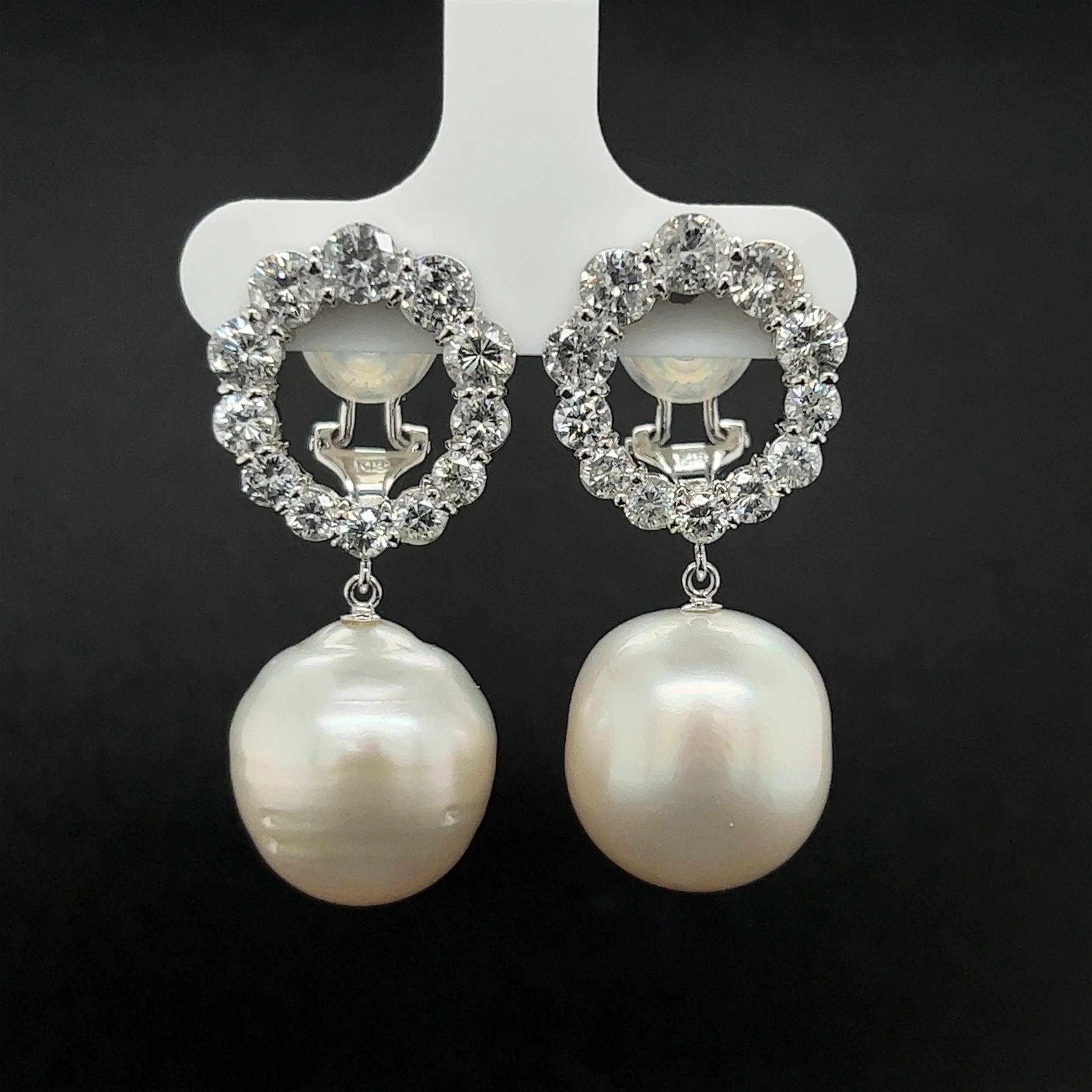 Modern Pearl and Diamond Platinum Drop Clip-on Vintage Earrings Estate Fine Jewelry For Sale