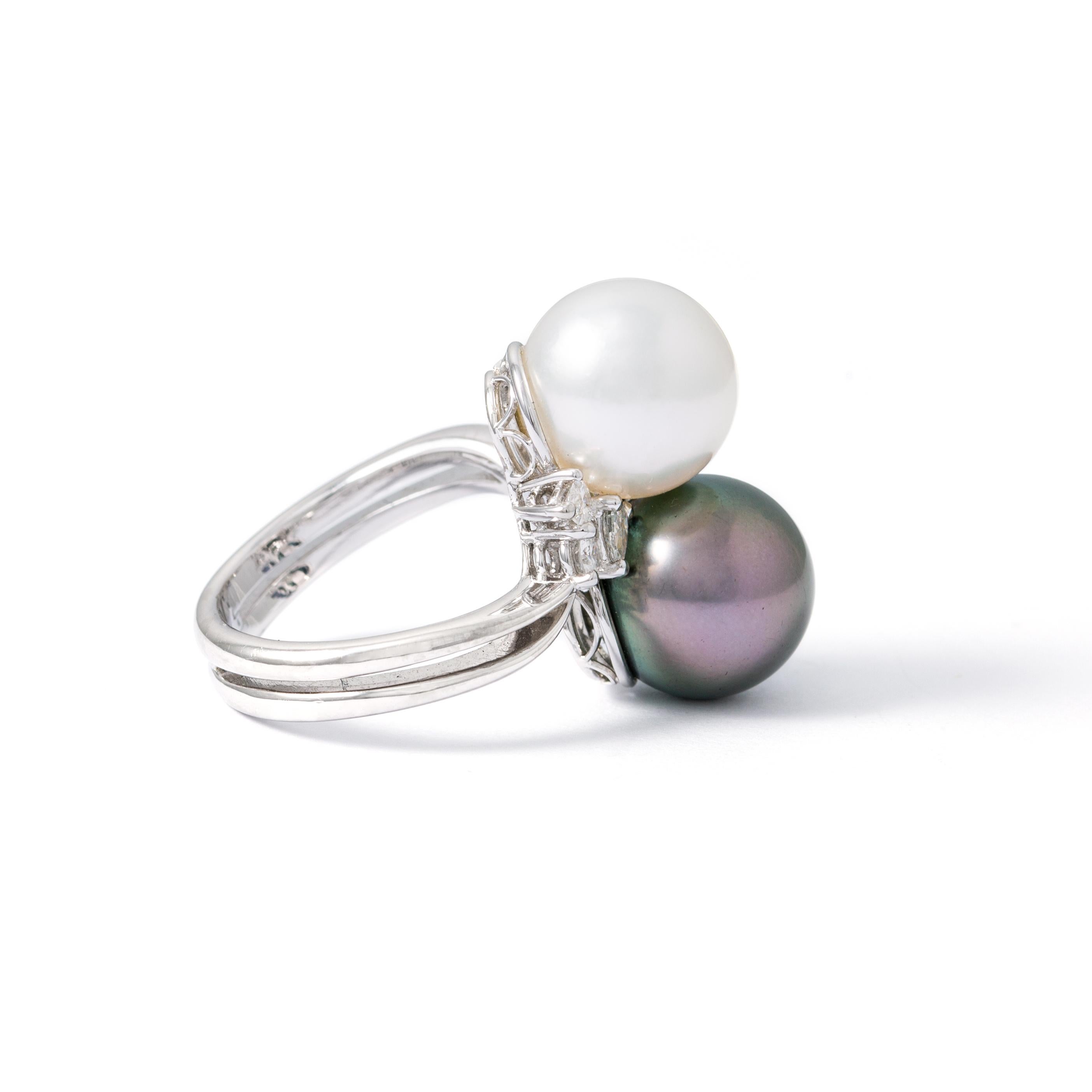 Contemporary Pearl and Diamond Platinum Ring For Sale