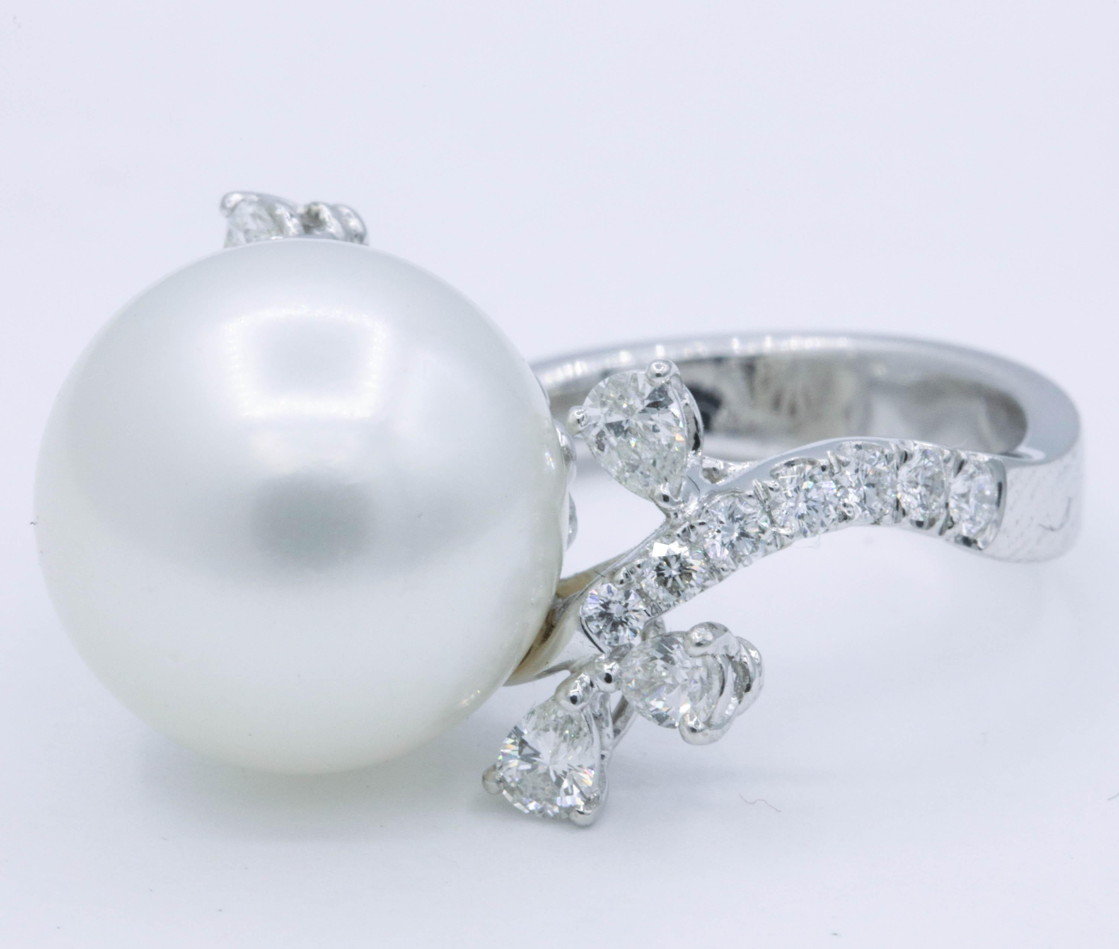 Contemporary Pearl and Diamond Ring, 0.99 Carat For Sale