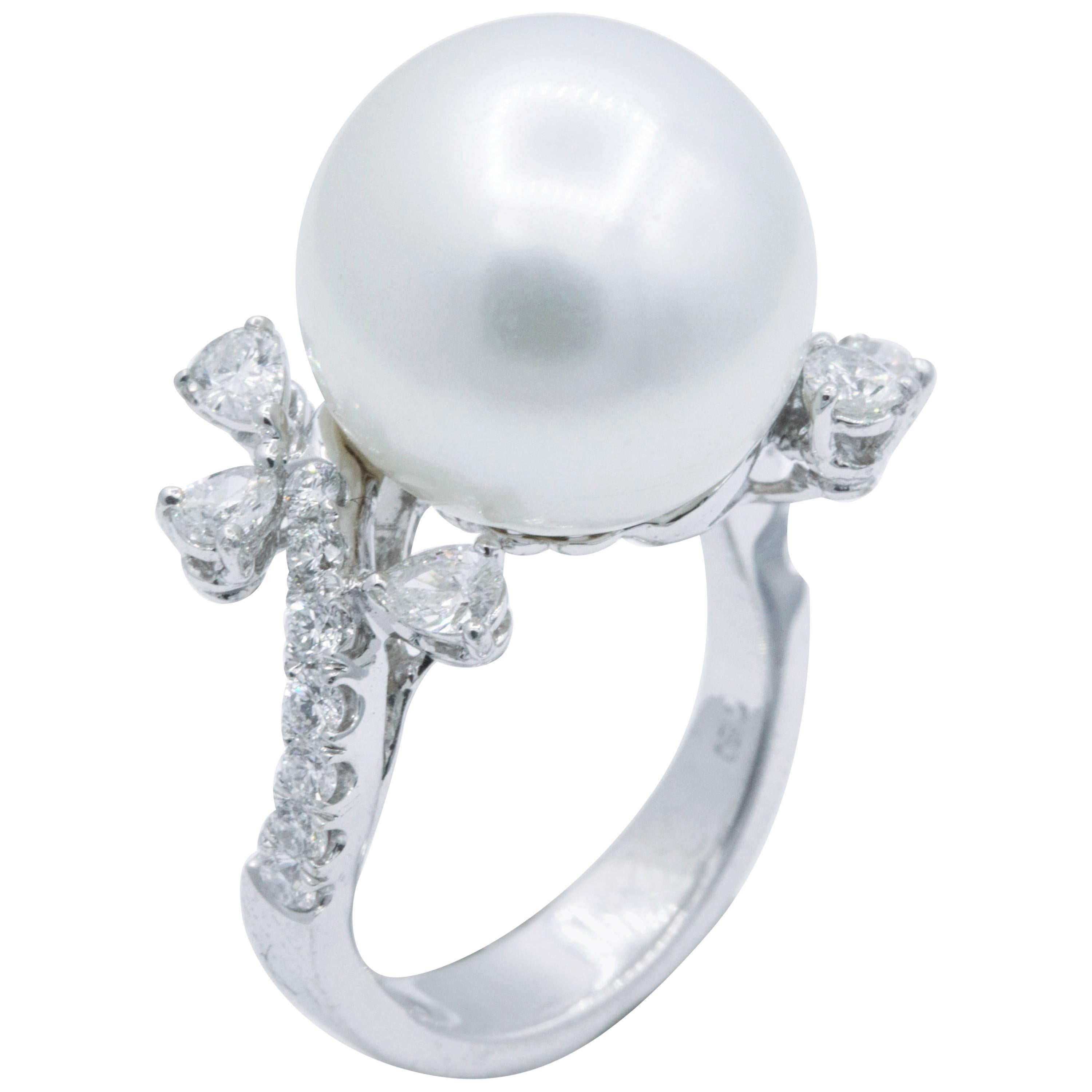 Pearl and Diamond Ring, 0.99 Carat For Sale