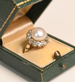 10mm Natural Saltwater Pearl Ring. Old mine Diamond Halo Ring 18K Yellow Gold