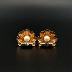 Pearl and Diamond Shell Clip Platinum on Gold Vintage Earrings