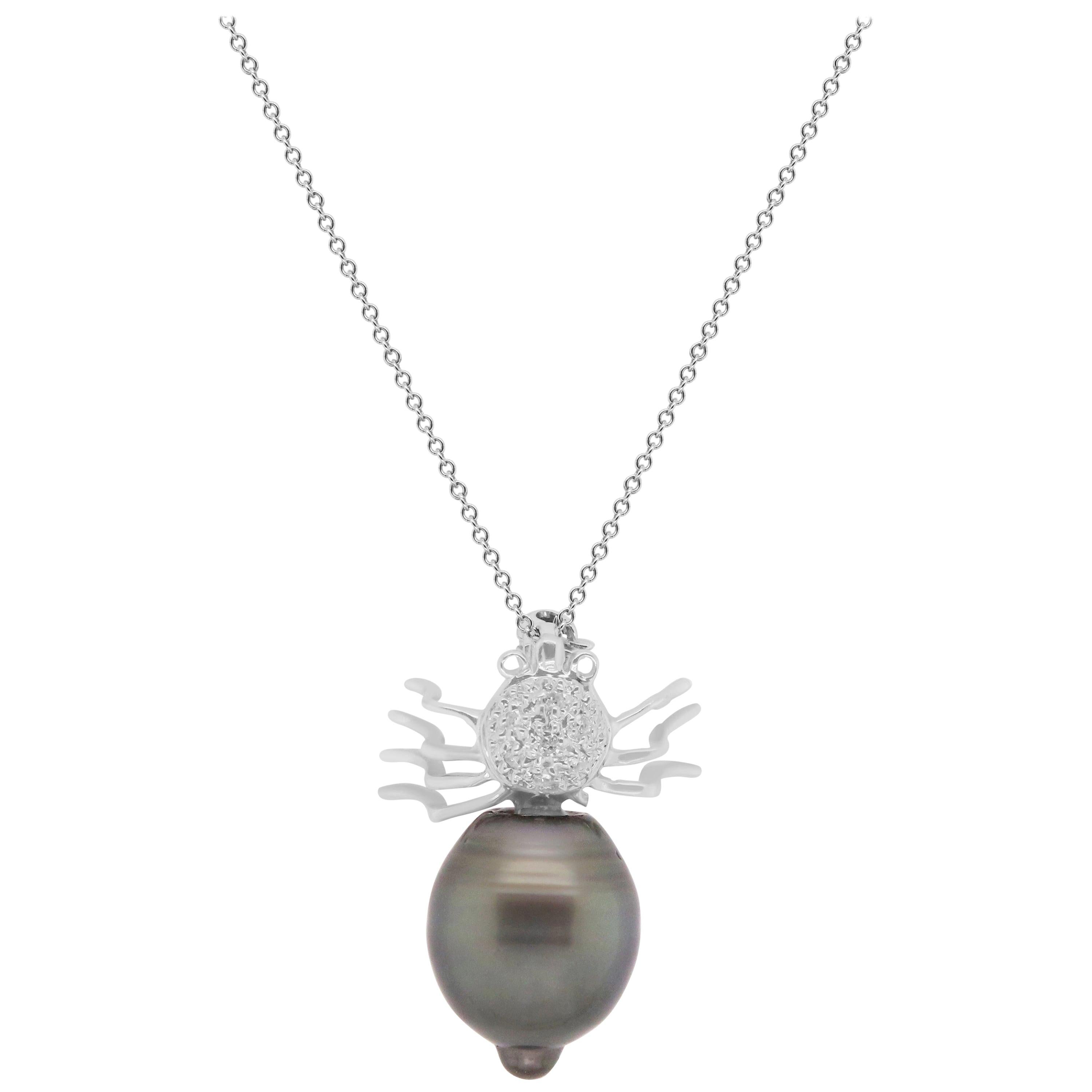 Round Tahitian Pearl and White Diamond Spider Pendant Necklace Brooch 14K Gold