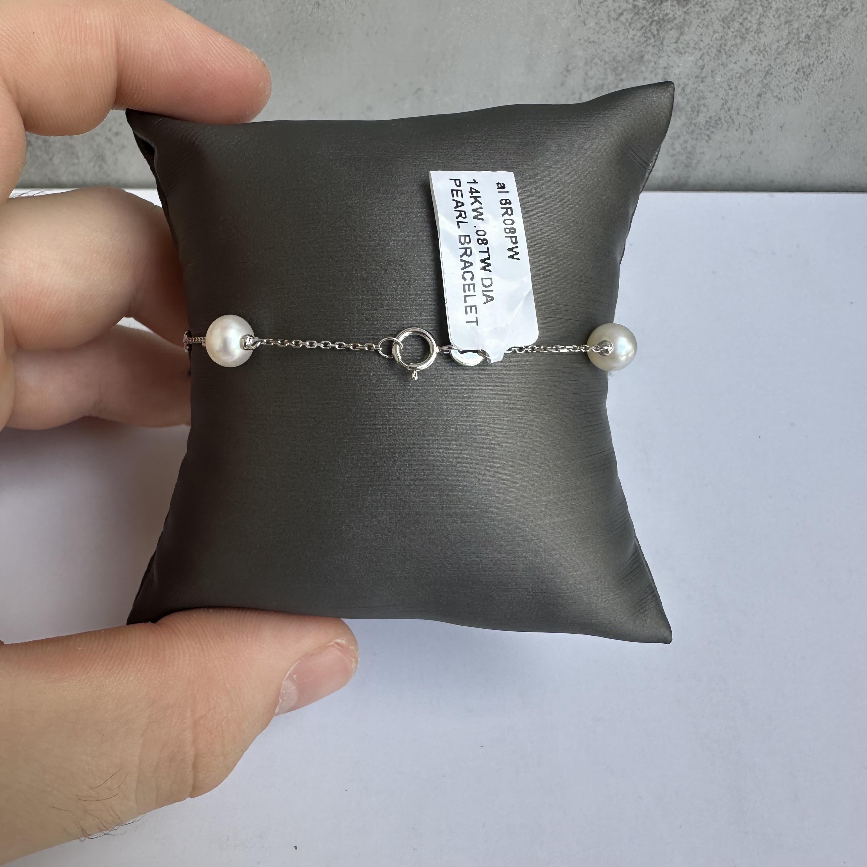 Round Cut Pearl and Diamond Station Bracelet in 14kt White Gold - 4 Pearls, New