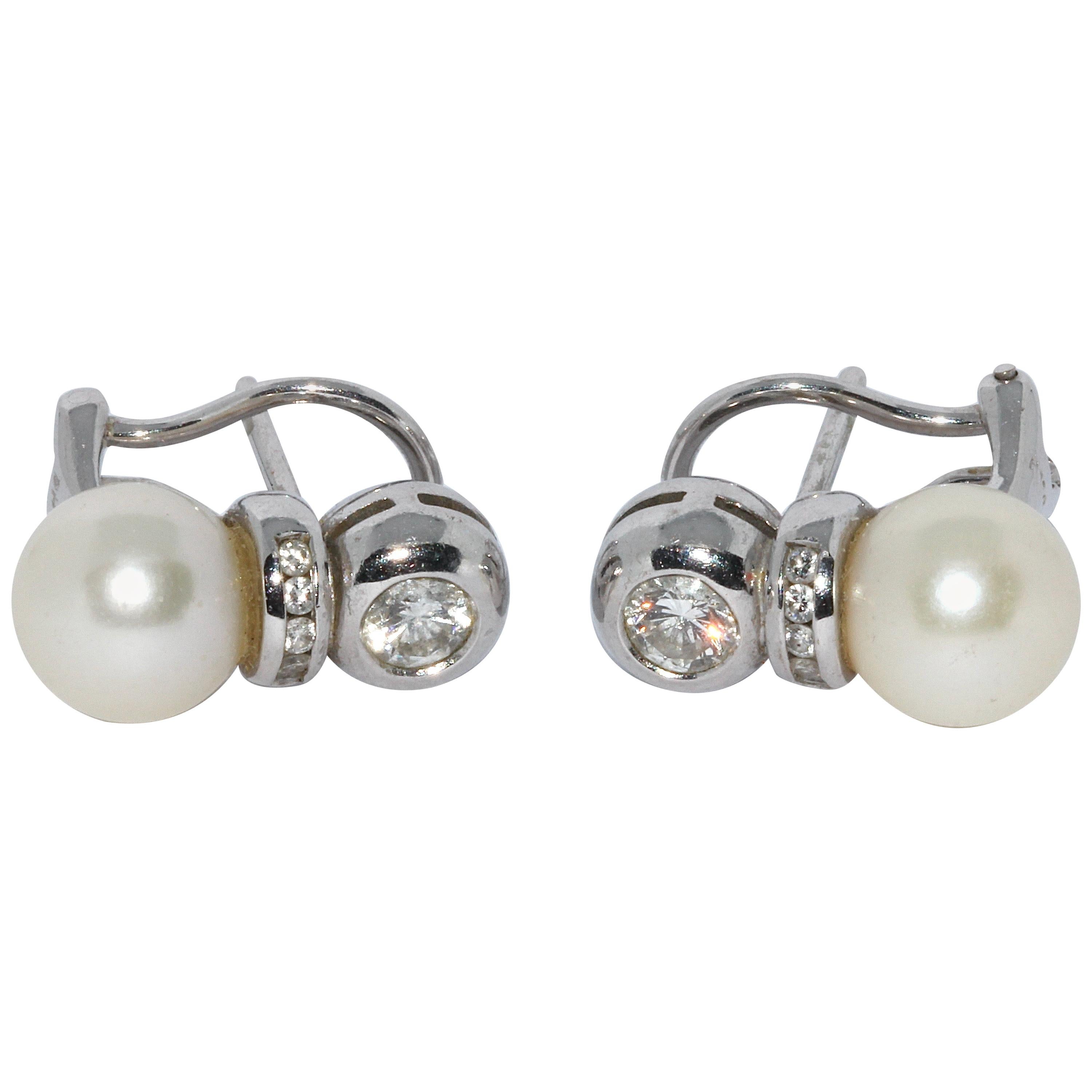 Pearl and Diamond Stud Clip Earrings, White Gold For Sale