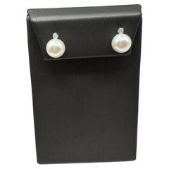 Boucles d'oreilles perles et diamants en or blanc 14kt - Perles rondes de 9mm, nouvelles