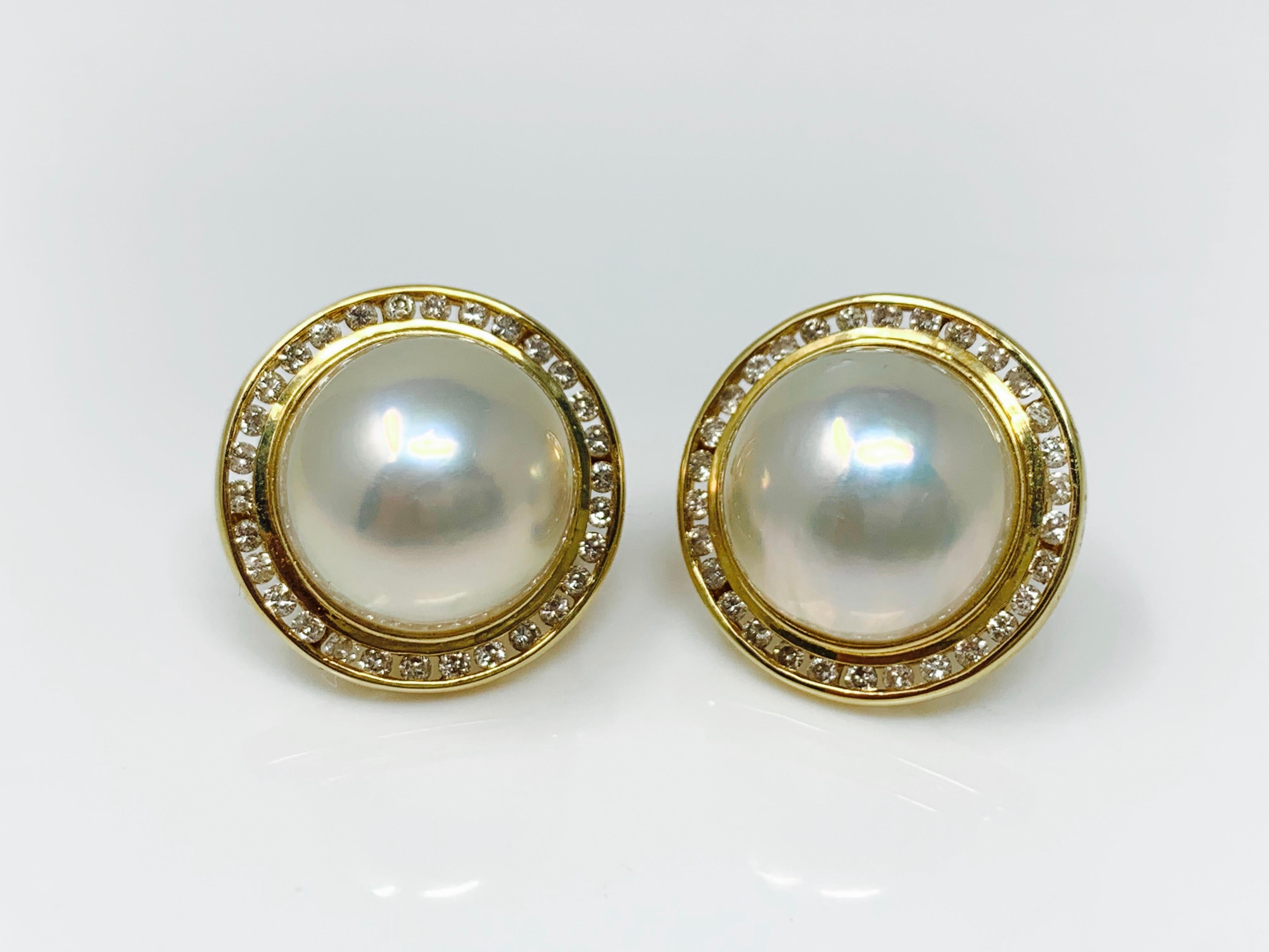 Women's or Men's Pearl and Diamond Stud Earrings in Yellow Gold For Sale