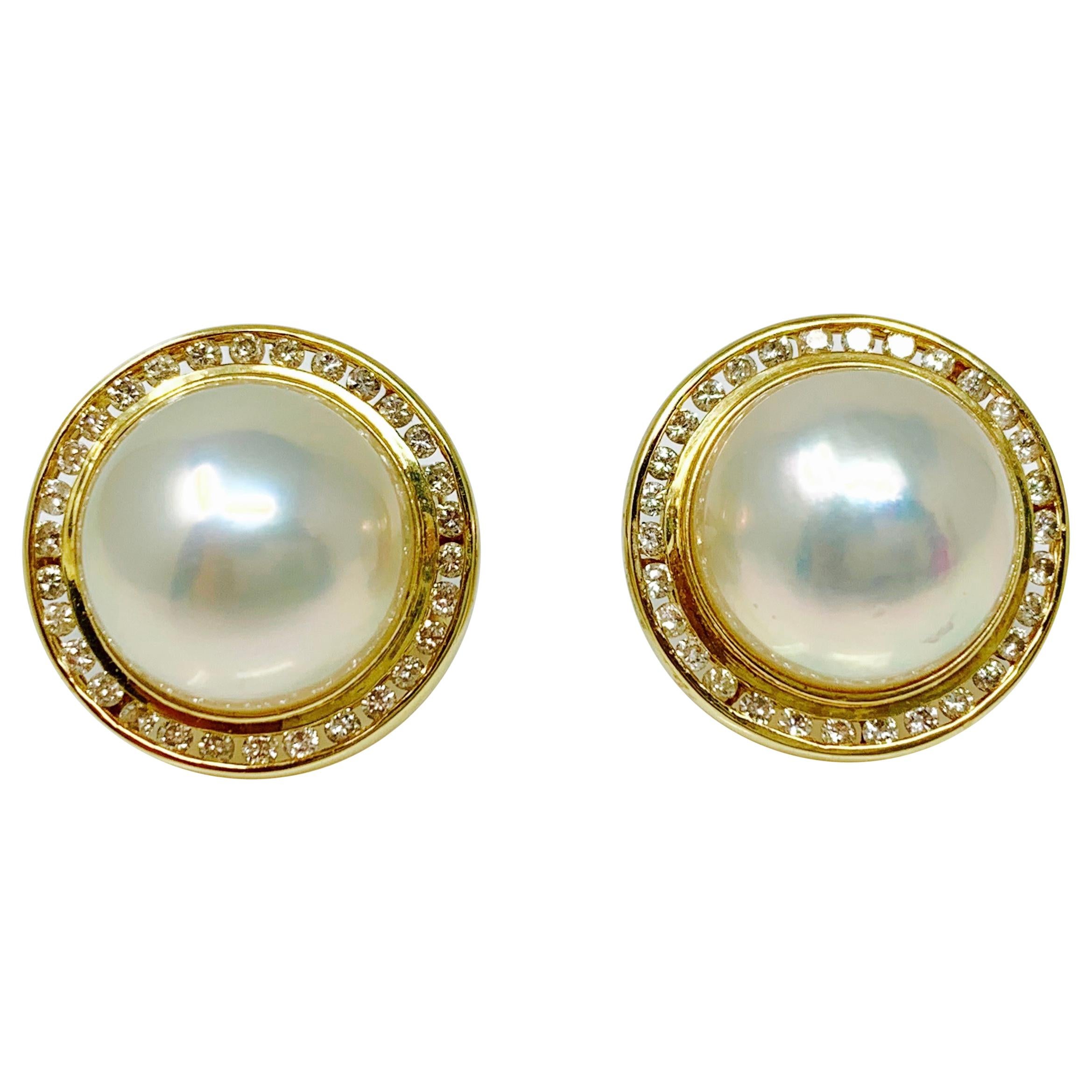 Pearl and Diamond Stud Earrings in Yellow Gold For Sale