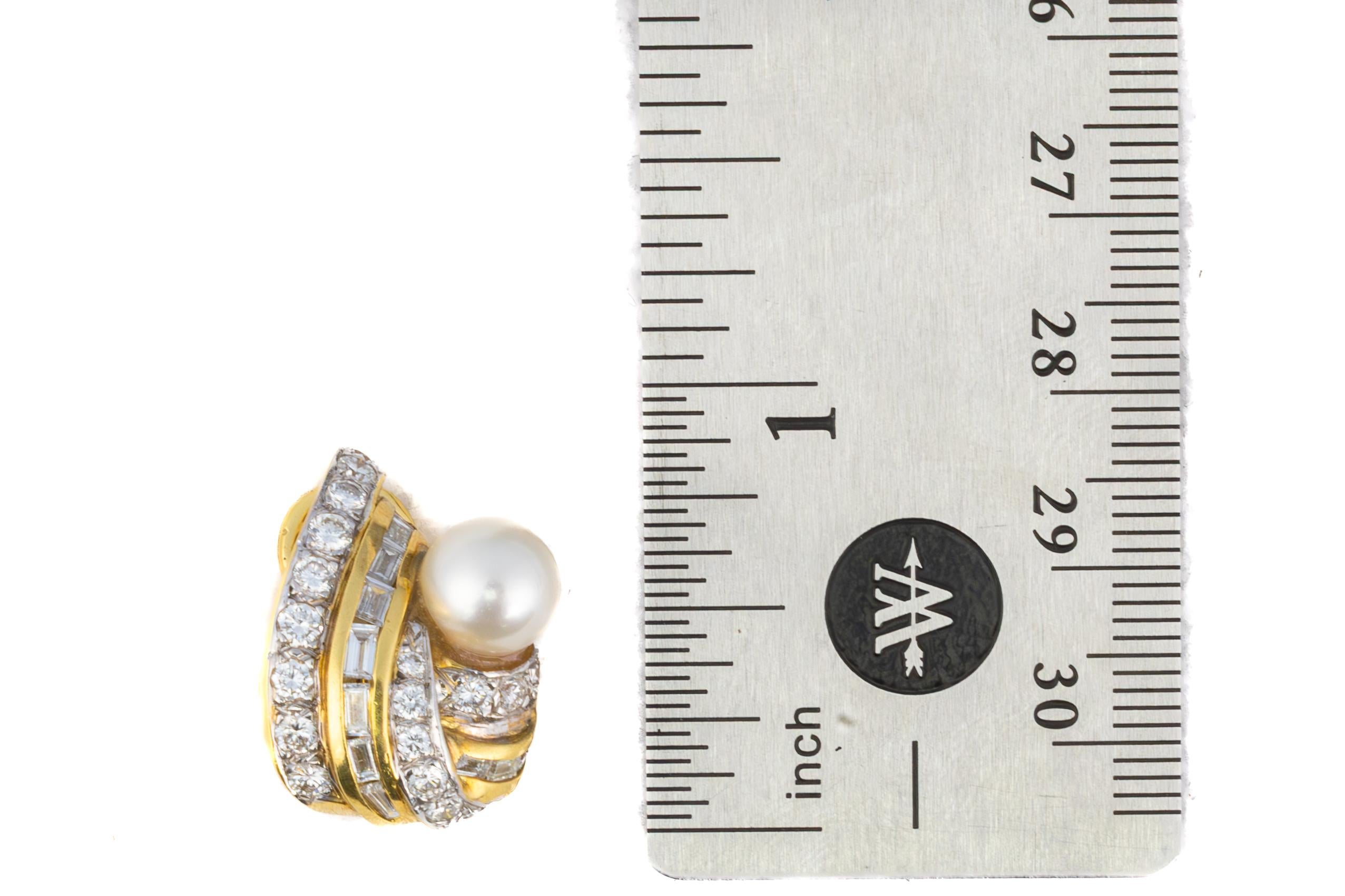 Perlen- und Diamantenwirbel-Ohrringe mit Clip (Baguetteschliff) im Angebot