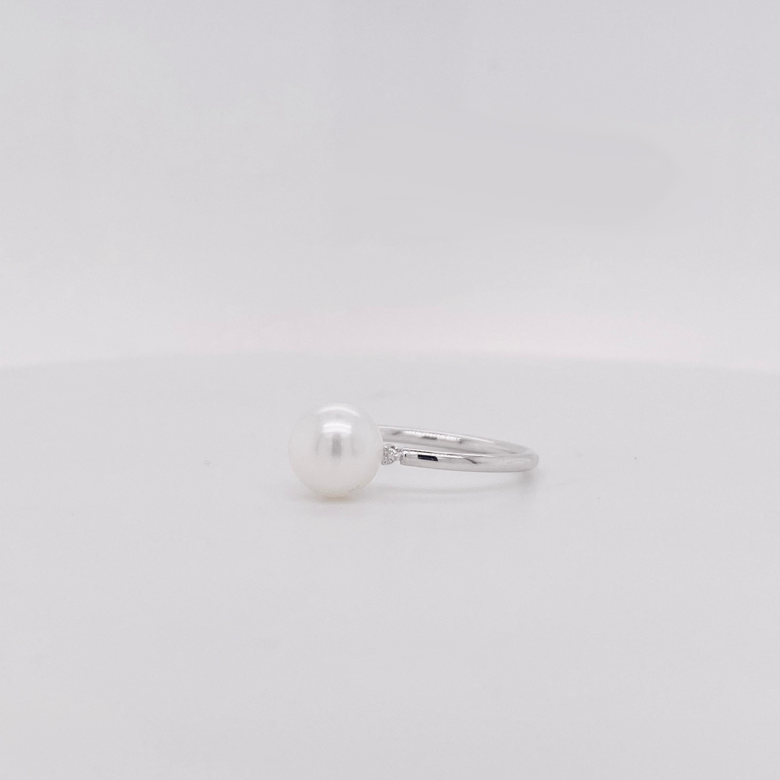 For Sale:  Pearl and Diamond Three Stone Ring in 14K White Gold, Pearl and .03ct Diamonds 2