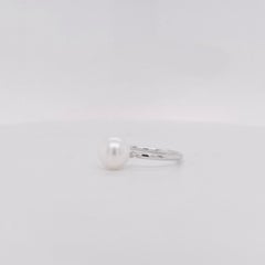 Pearl and Diamond Three Stone Ring in 14K White Gold, Pearl and .03ct Diamonds