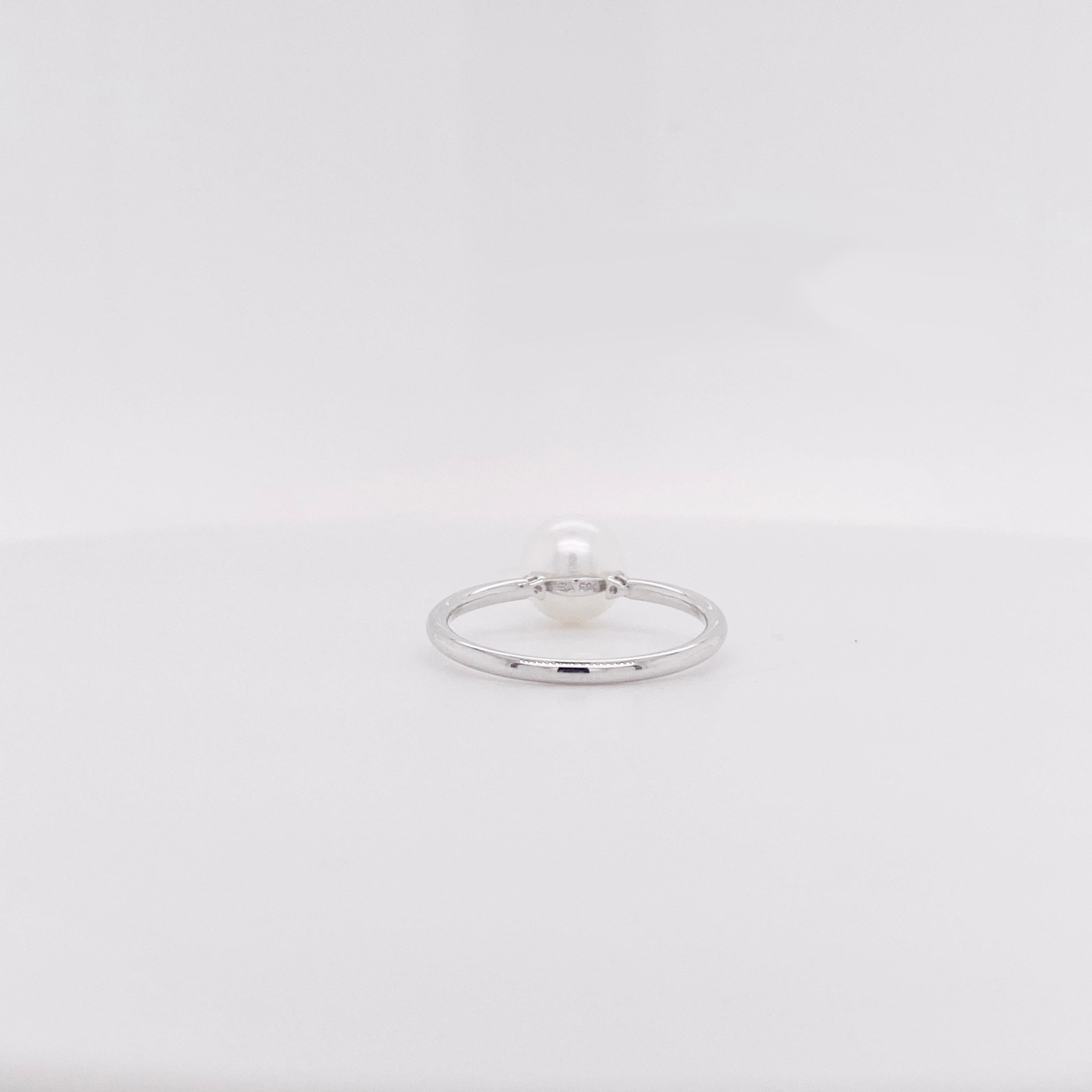 For Sale:  Pearl and Diamond Three Stone Ring in 14K White Gold, Pearl and .03ct Diamonds 3