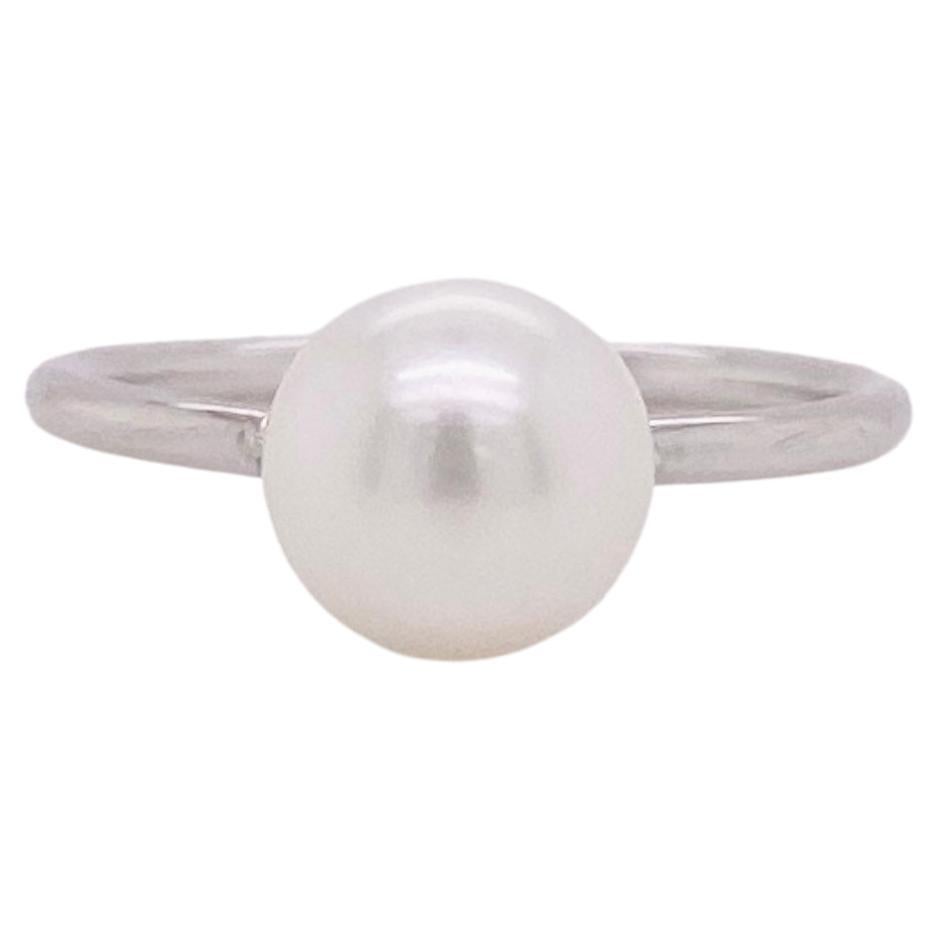 Pearl and Diamond Three Stone Ring in 14K White Gold, Pearl and .03ct Diamonds