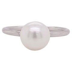 Pearl and Diamond Three Stone Ring in 14K White Gold, Pearl and .03ct Diamonds