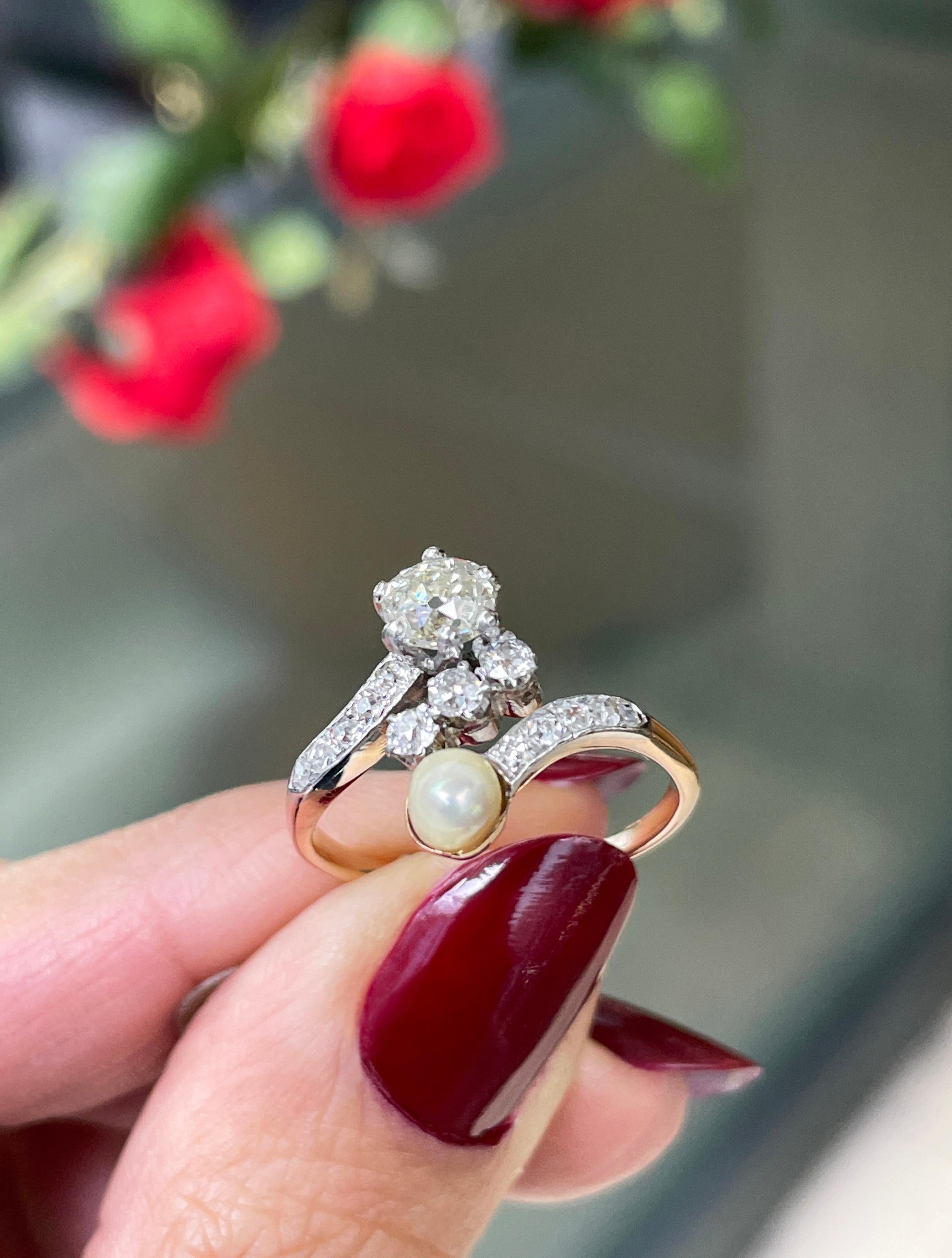 Round Cut Pearl and Diamond Toi et Moi 18ct Gold and Platinum Engagement Ring, c.1910 For Sale