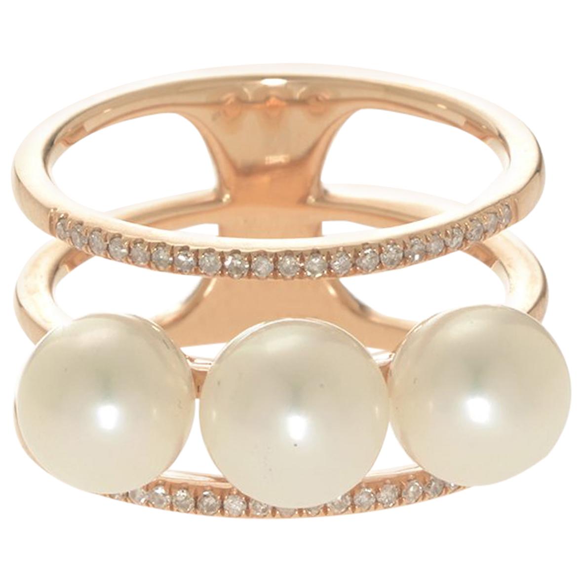 Pearl and Diamond Triple Bar Ring