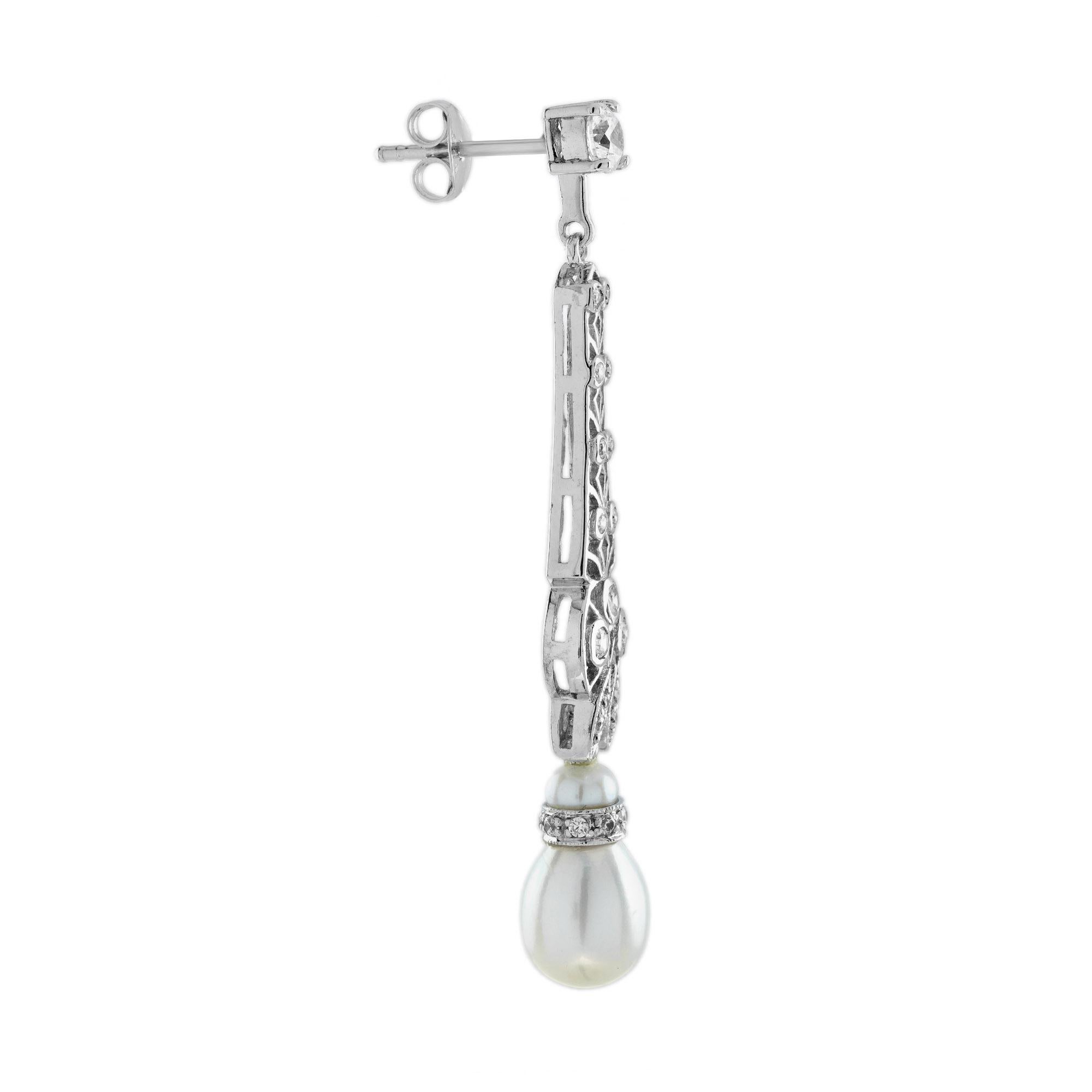 Art Deco Pearl and Diamond Vintage Style Drop Earrings in 14K White Gold For Sale