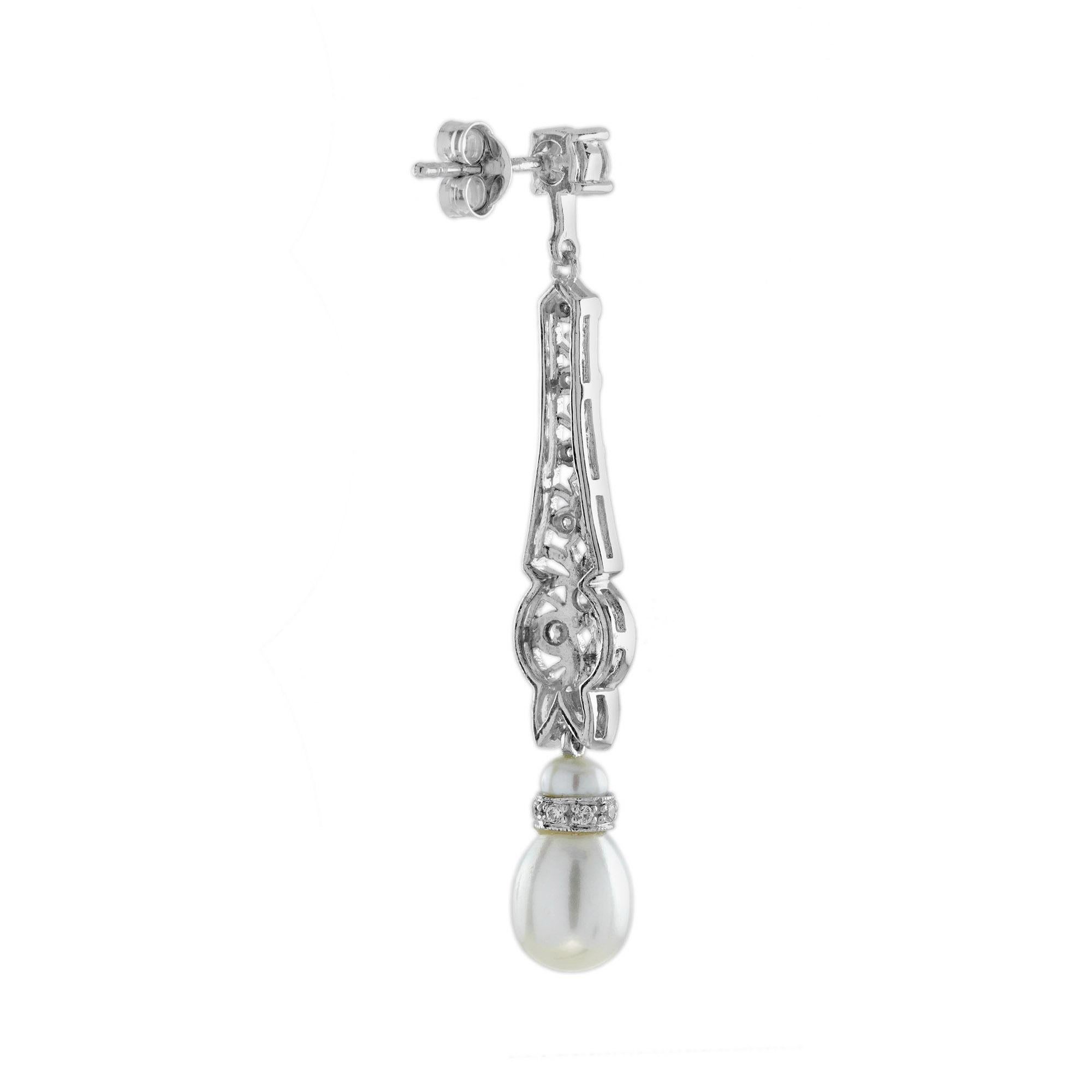 Oval Cut Pearl and Diamond Vintage Style Drop Earrings in 14K White Gold For Sale