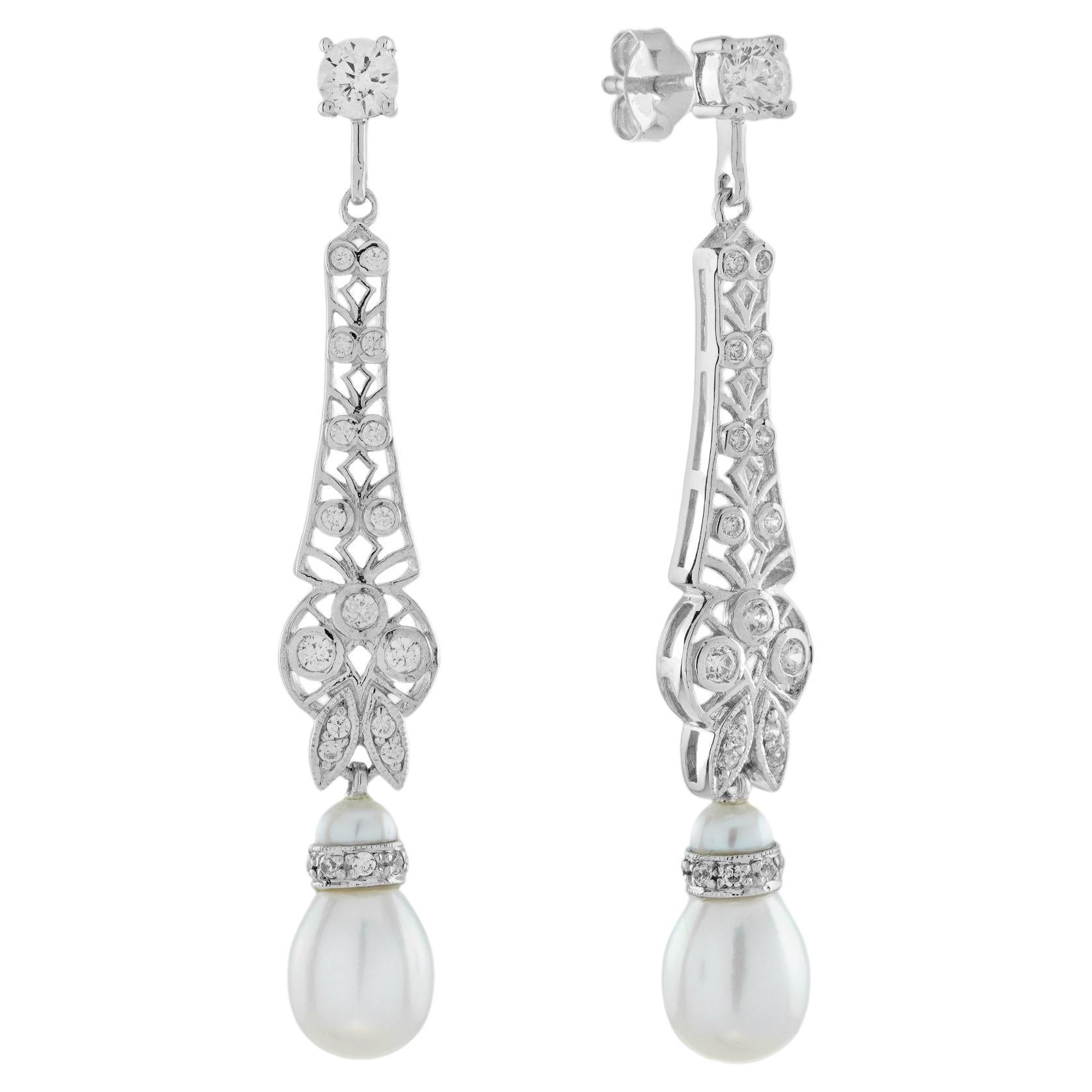 Pearl and Diamond Vintage Style Drop Earrings in 14K White Gold For Sale